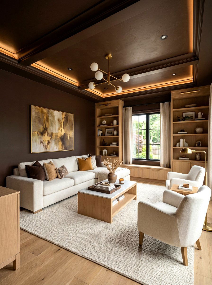Rich chocolate brown ceiling - 30 ceiling drench living room ideas