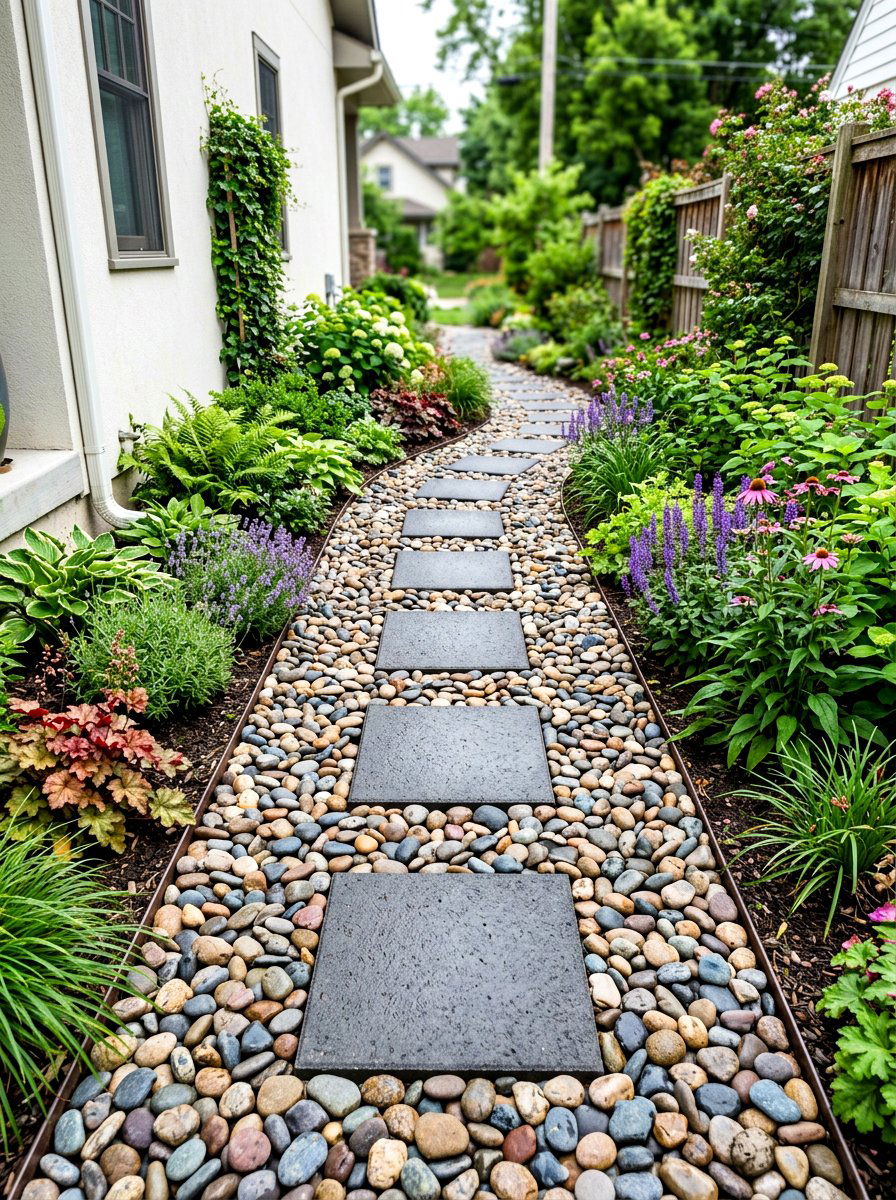 River Rock And Paver Path - 30 walkway landscaping ideas