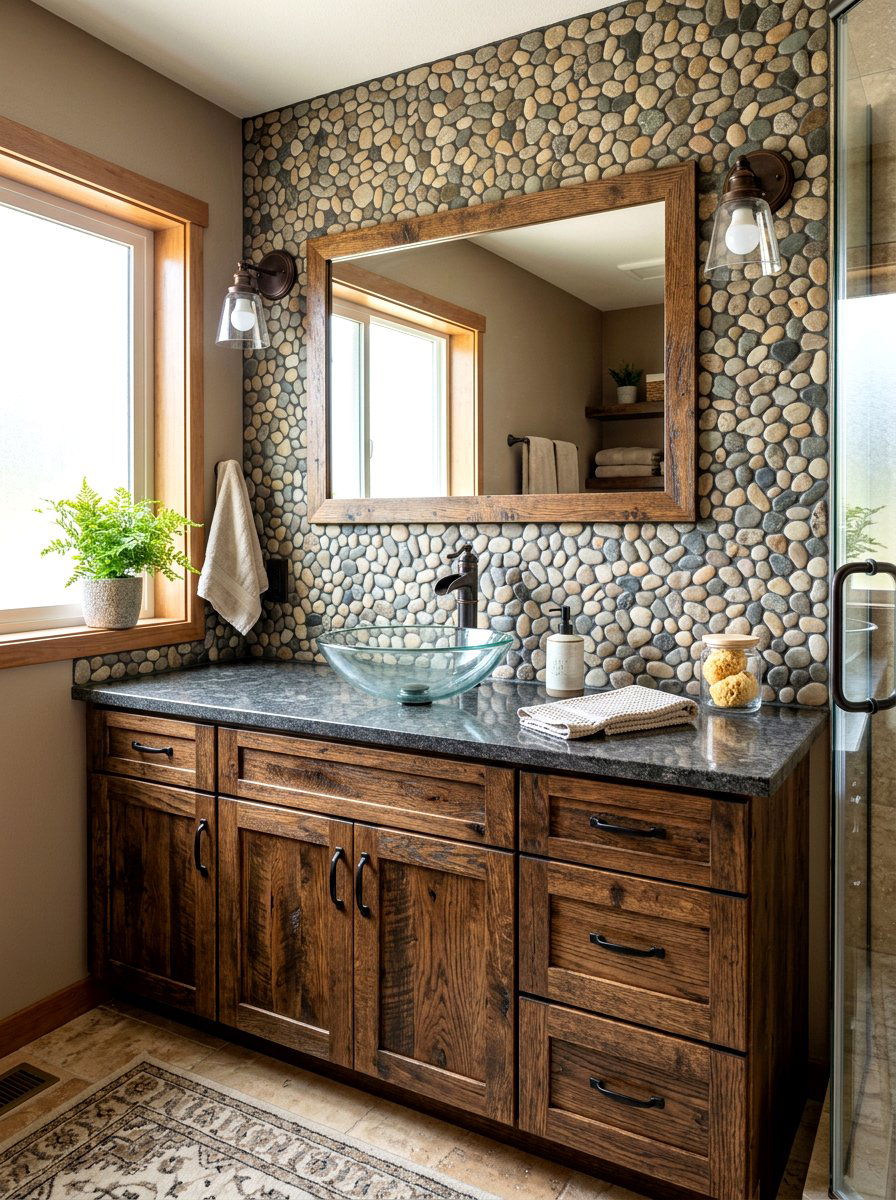 River Rock Backsplash - 30 cabin bathroom ideas