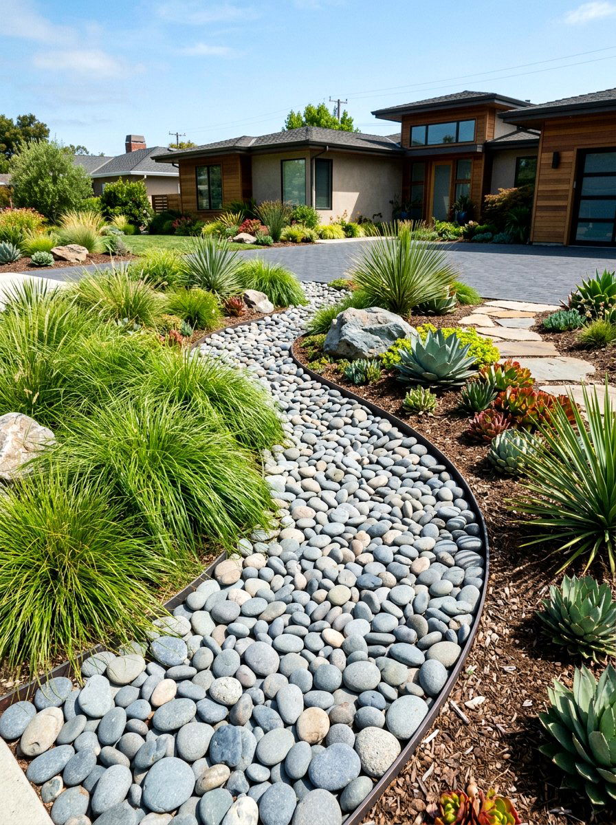 River Rock Bed - 30 xeriscape front yard ideas