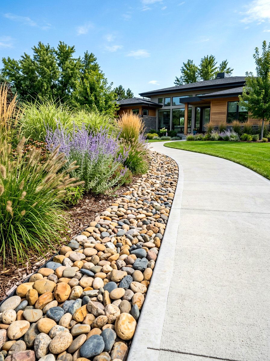 River Rock Border - 30 front walkway ideas
