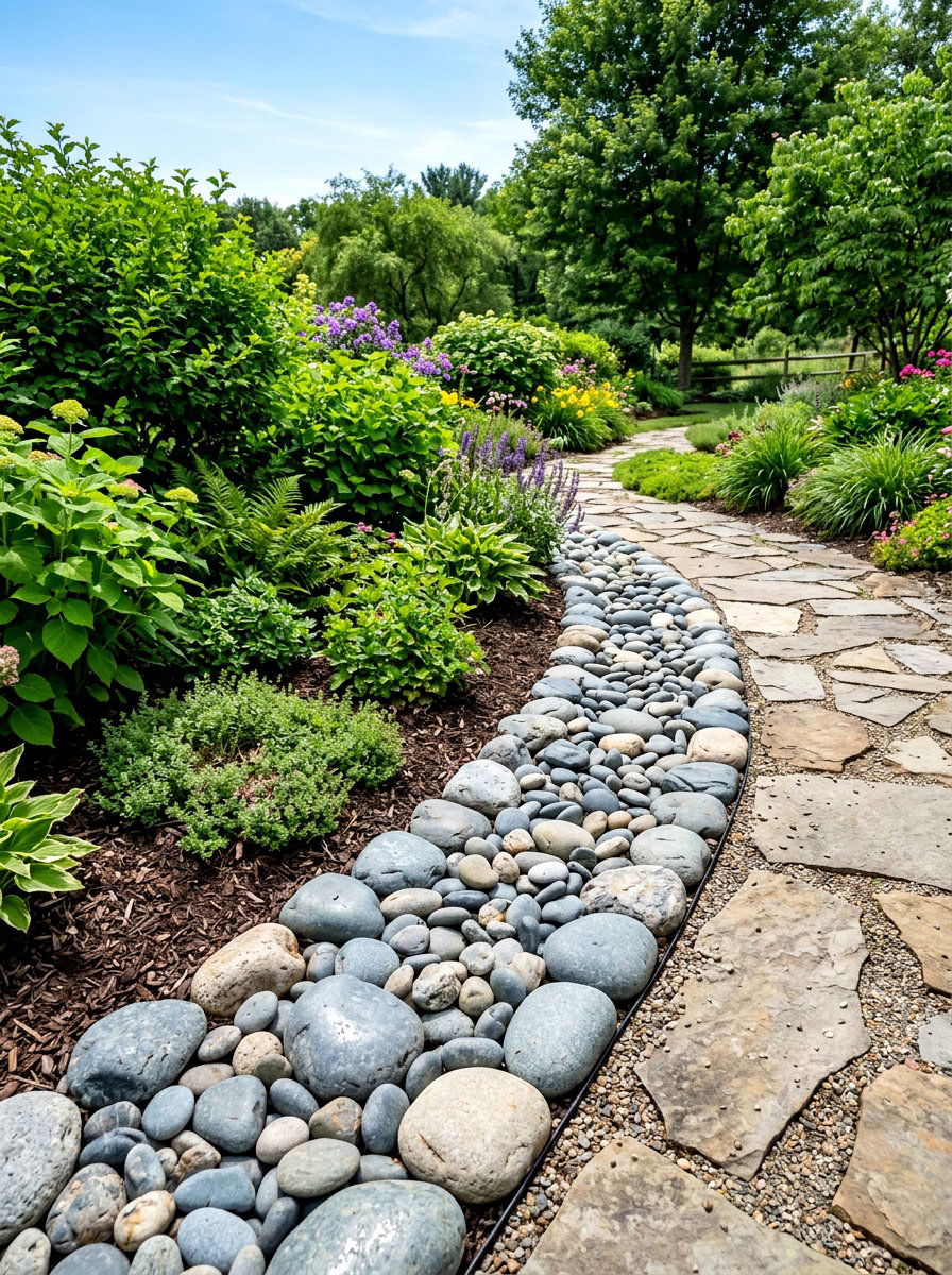River Rock Border - 30 low water backyard ideas