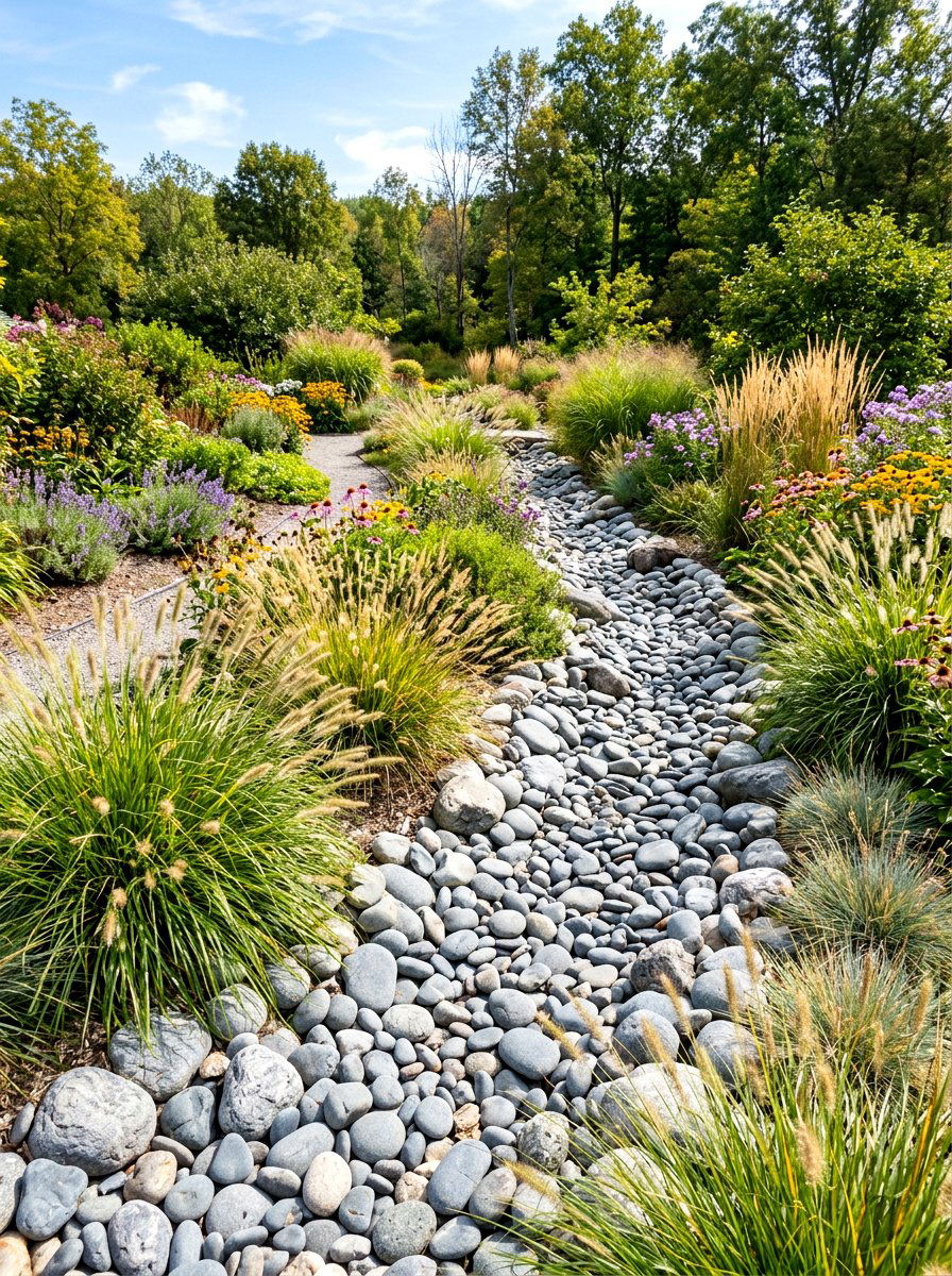 River Rock Drainage - 30 xeriscape backyard ideas