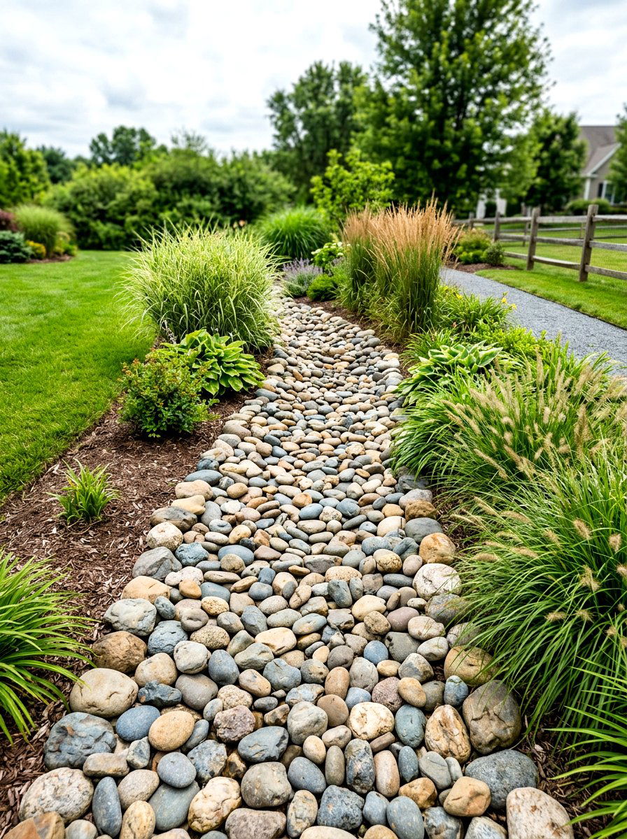 River Rock Drainage Border - 30 front yard border ideas