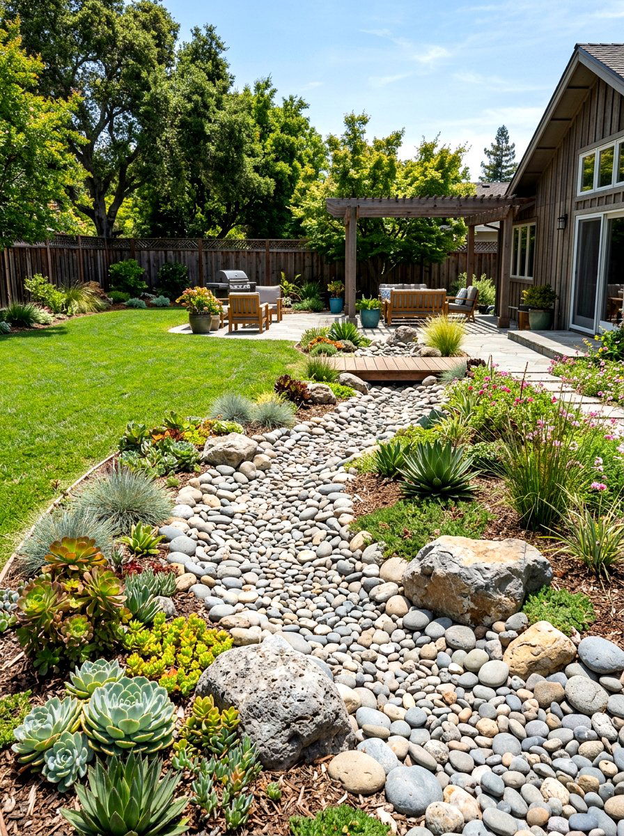 River Rock Dry Creek - 30 no grass backyard ideas