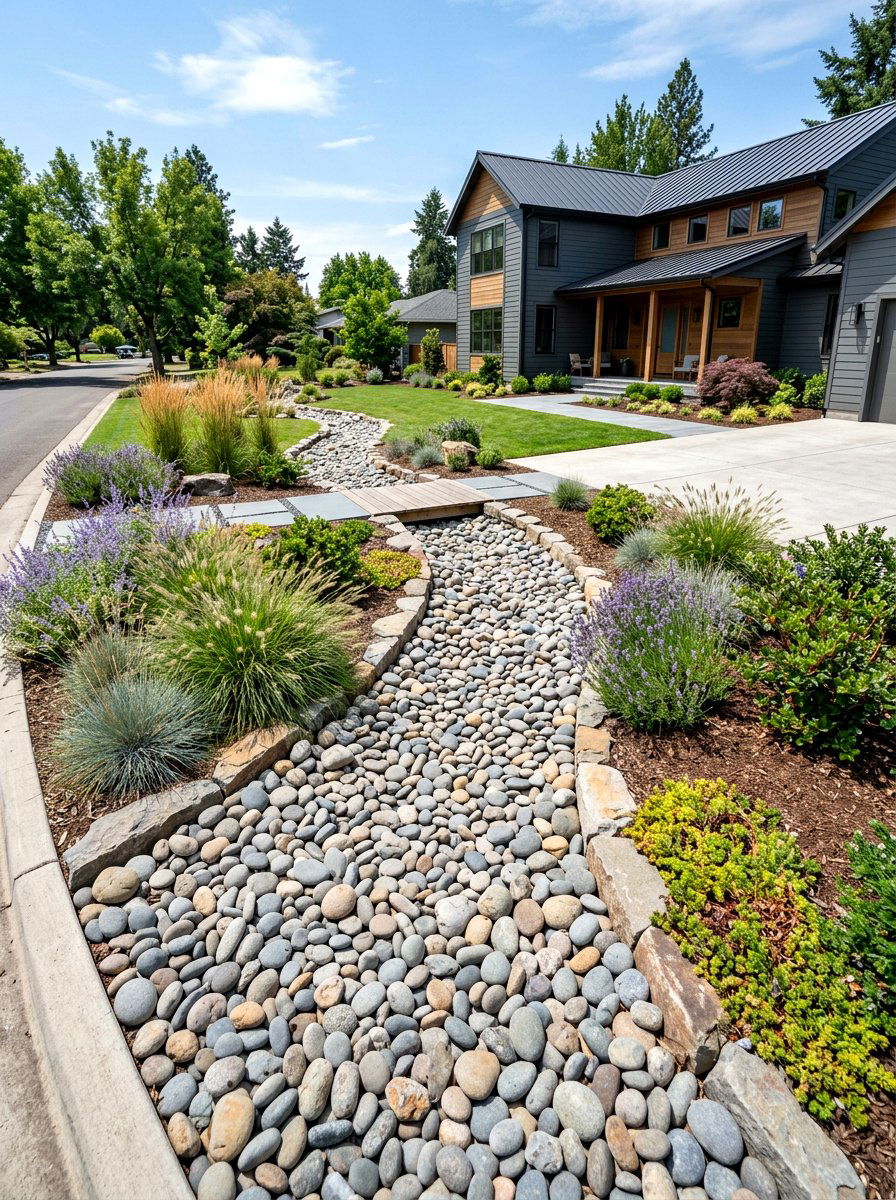 River Rock Dry Creek Bed - 30 rock mulch front yard ideas