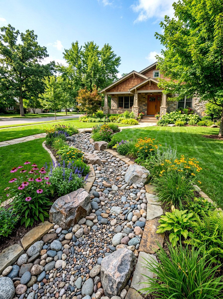 River Rock Dry Creek - 30 gravel front yard landscaping ideas