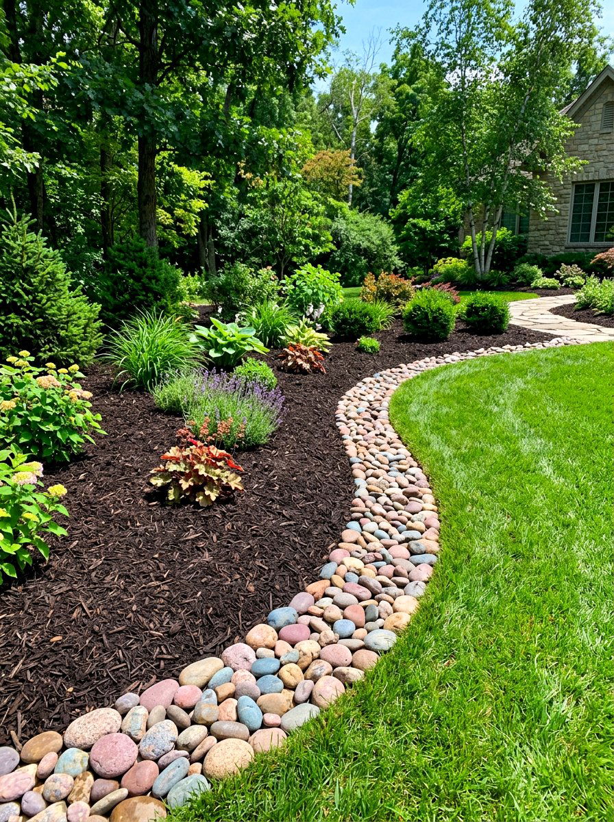 River Rock Edge Mulch - 30 mulch landscaping ideas