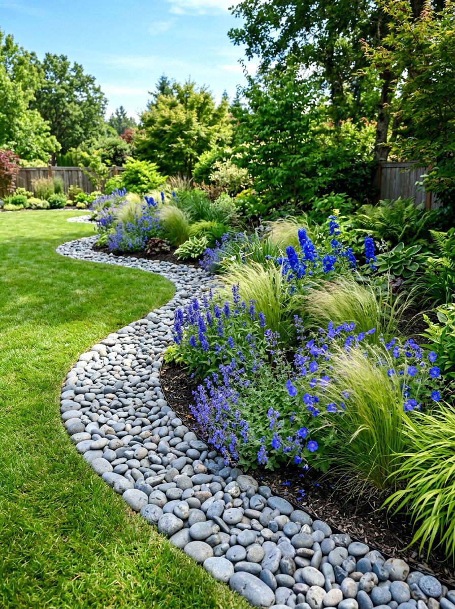 River Rock Edging Curved Bed - 30 curved flower bed ideas