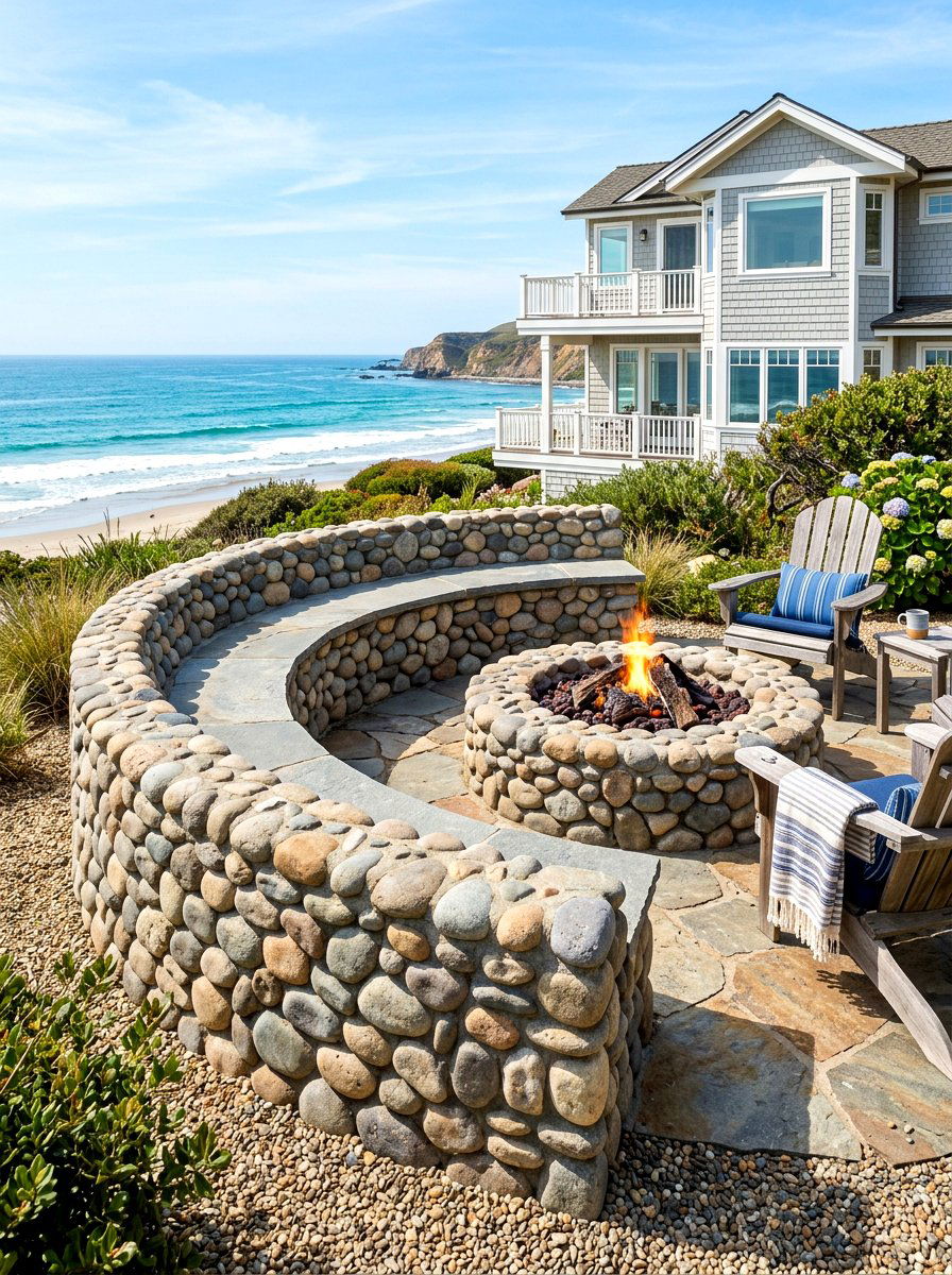 River Rock Fire Pit Seat Wall - 30 seat wall fire pit ideas