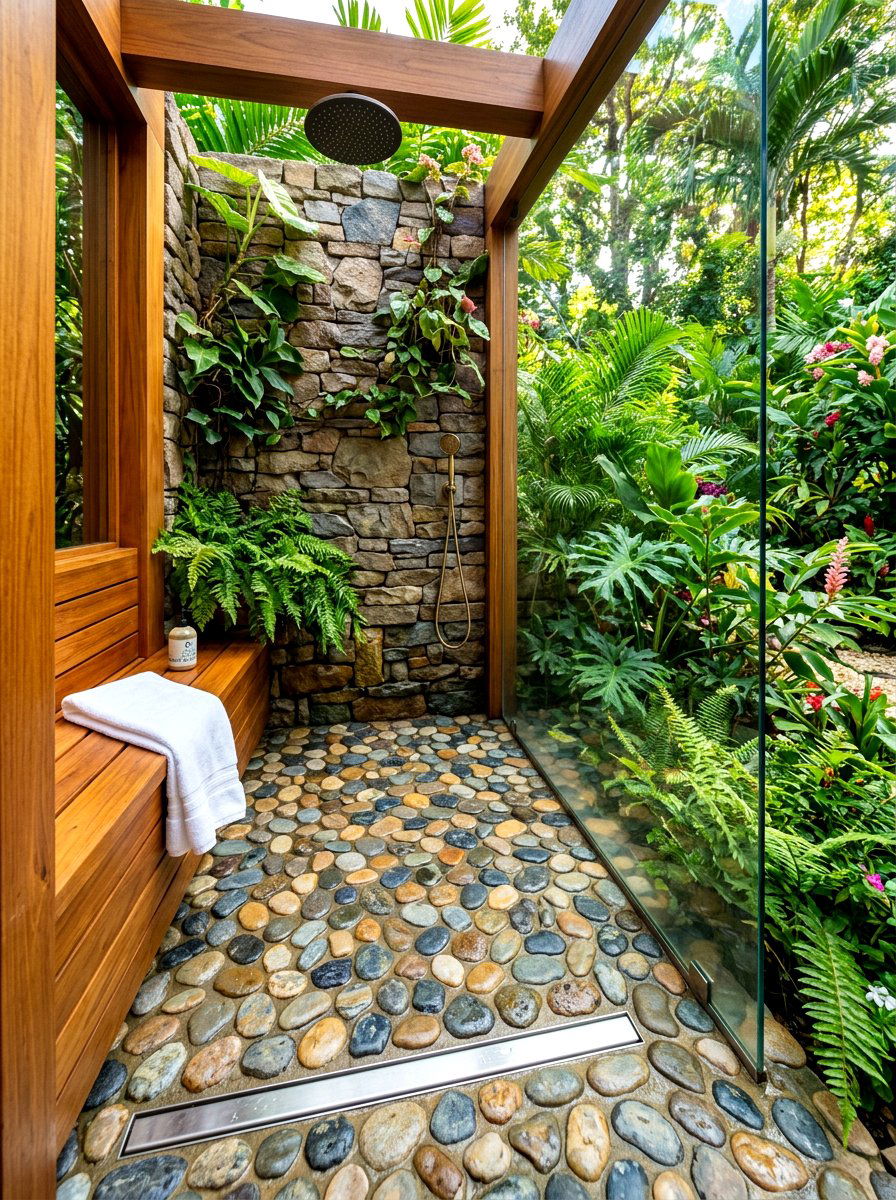 River Rock Flooring - 30 rustic spa bathroom ideas