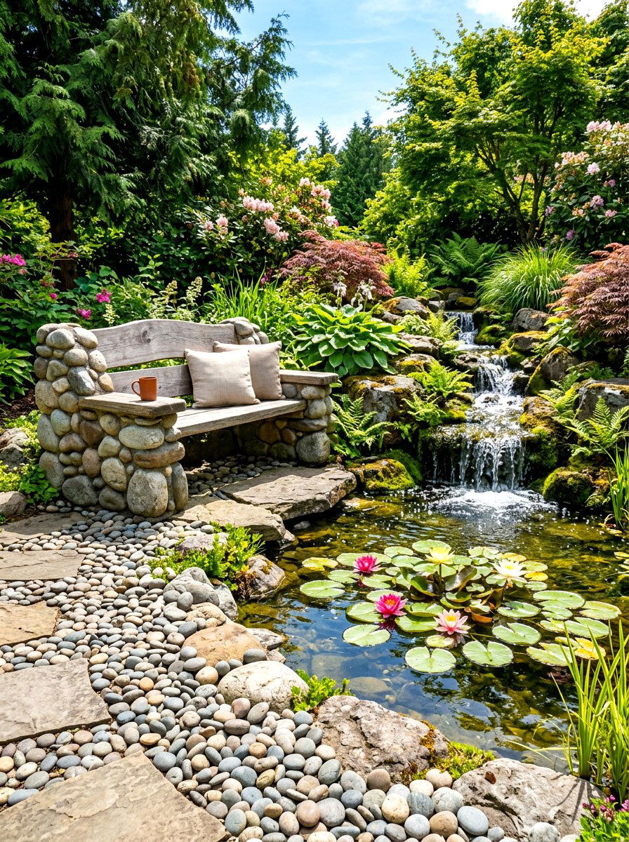 River Rock Garden Bench - 30 stone bench garden ideas