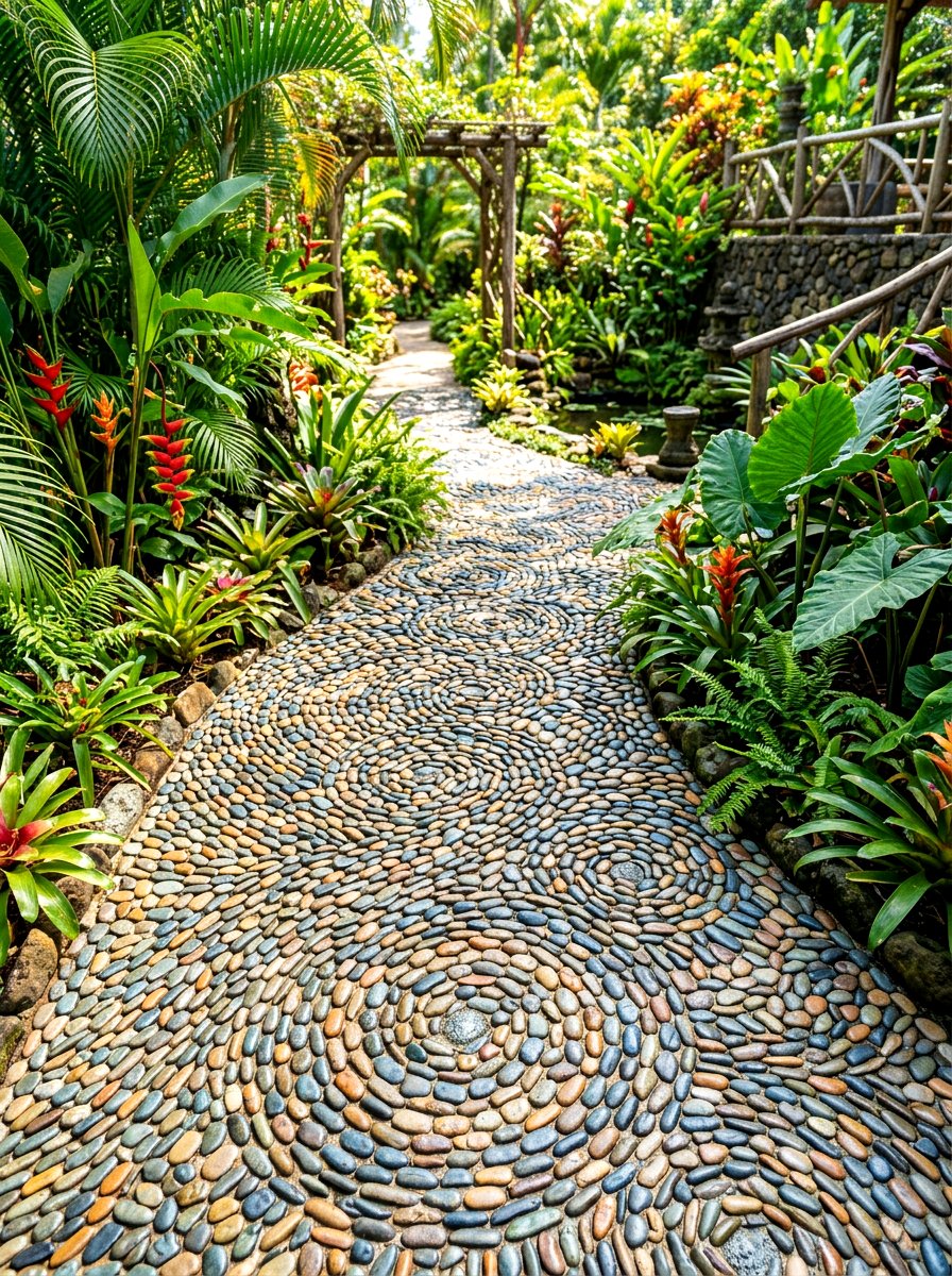 River Rock Mosaic - 30 stepping stone backyard path ideas