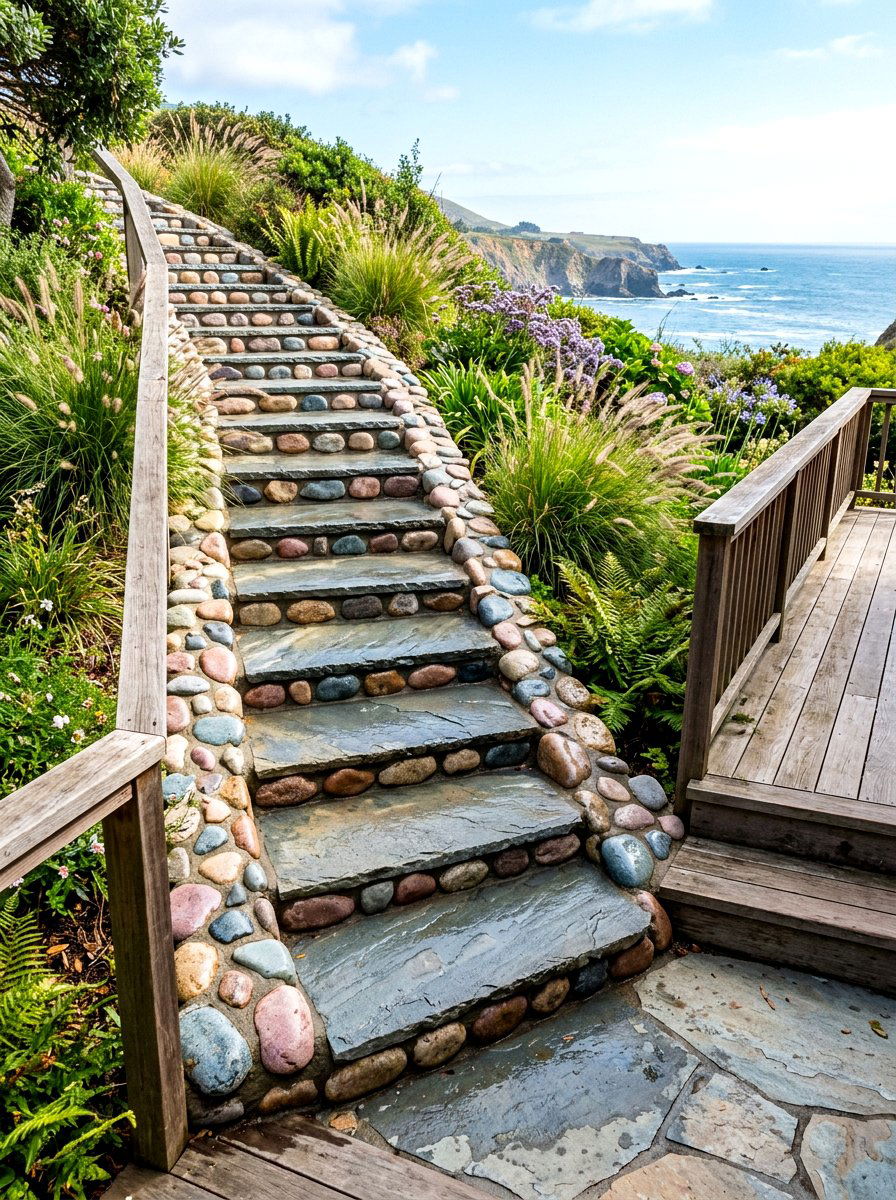 River Rock Staircase - 30 stone front steps ideas