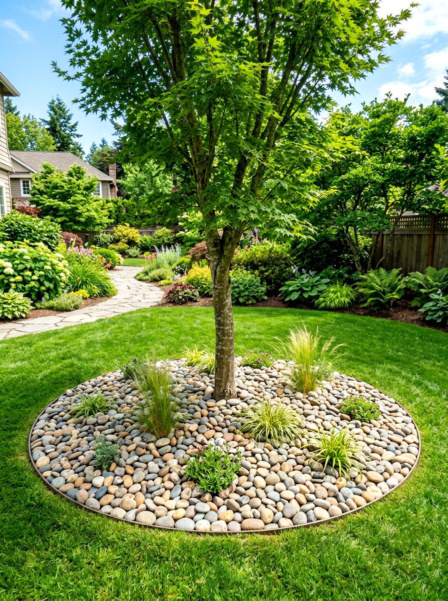 River Rock Tree Surround - 30 tree ring flower bed ideas
