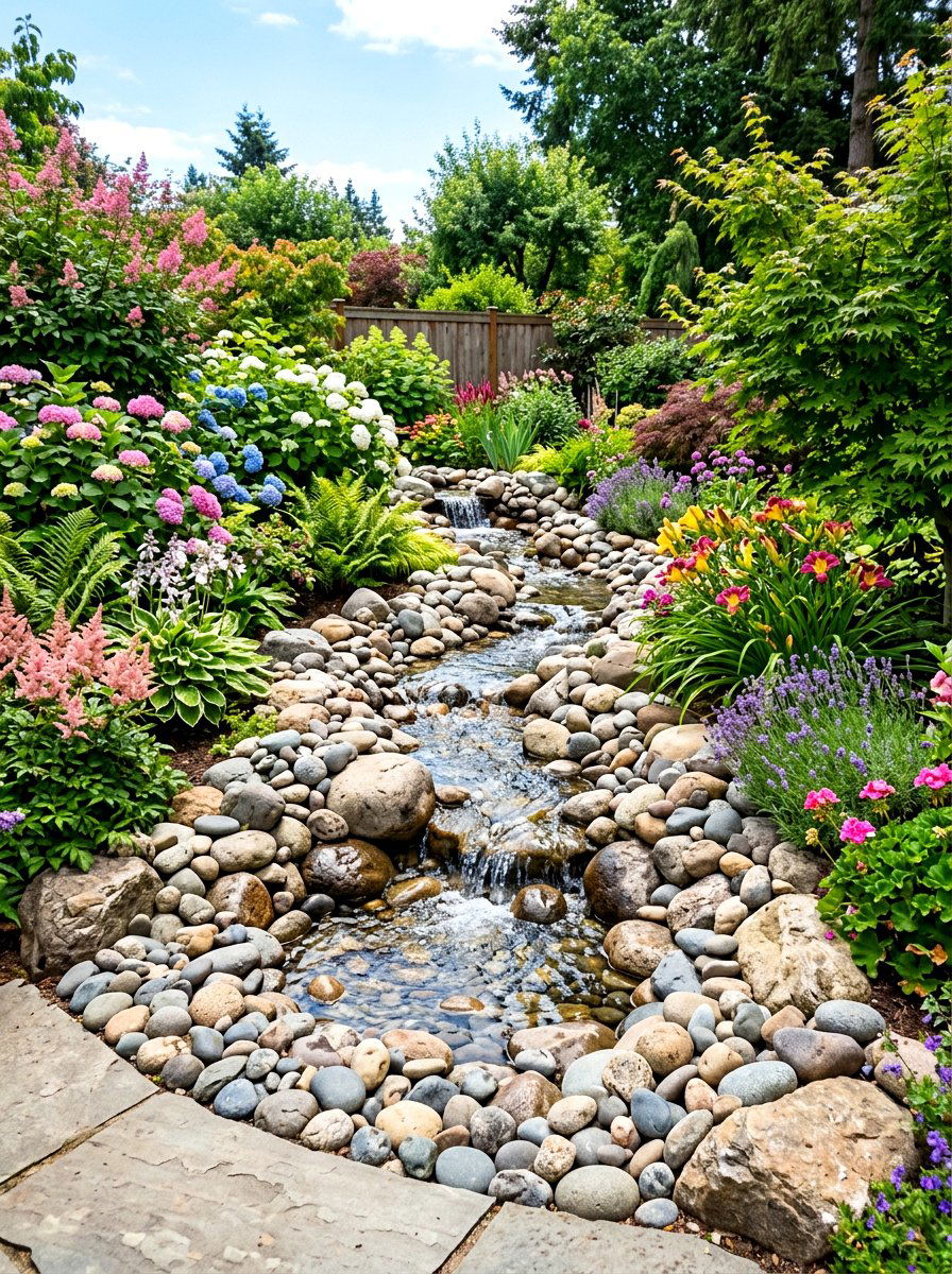 River Rock Water Feature - 30 stream garden ideas