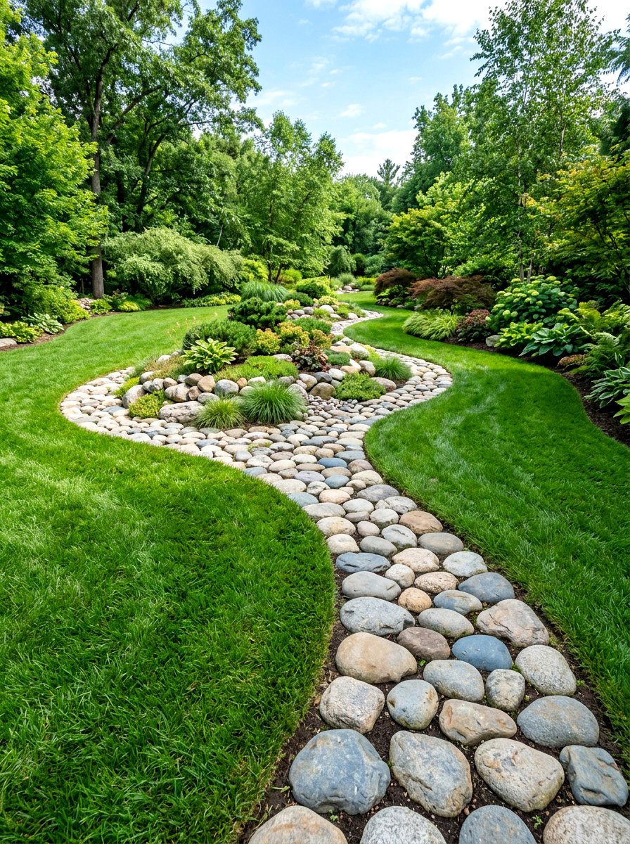 River Rock and Grass Design - 30 driveway island landscaping ideas