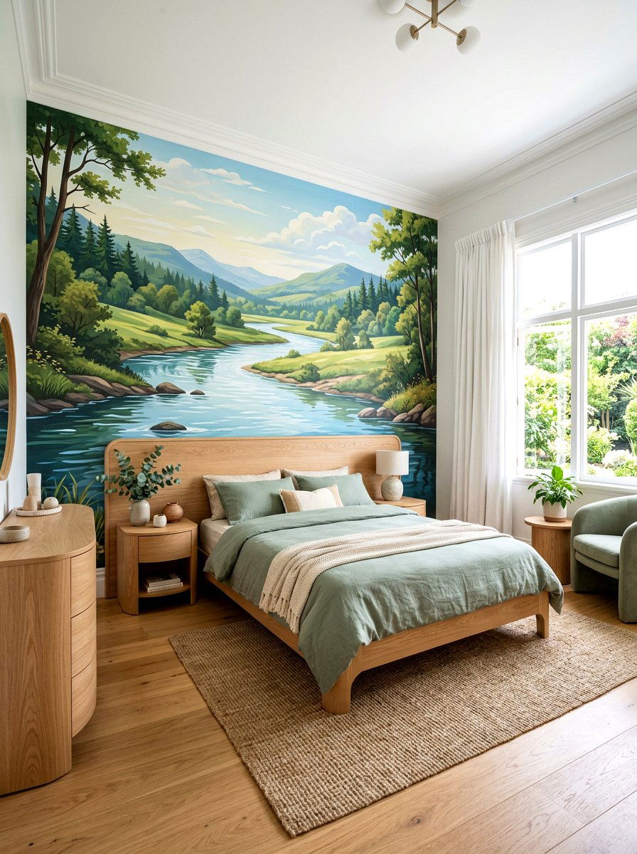 River landscape wall mural - 30 landscape mural bedroom ideas