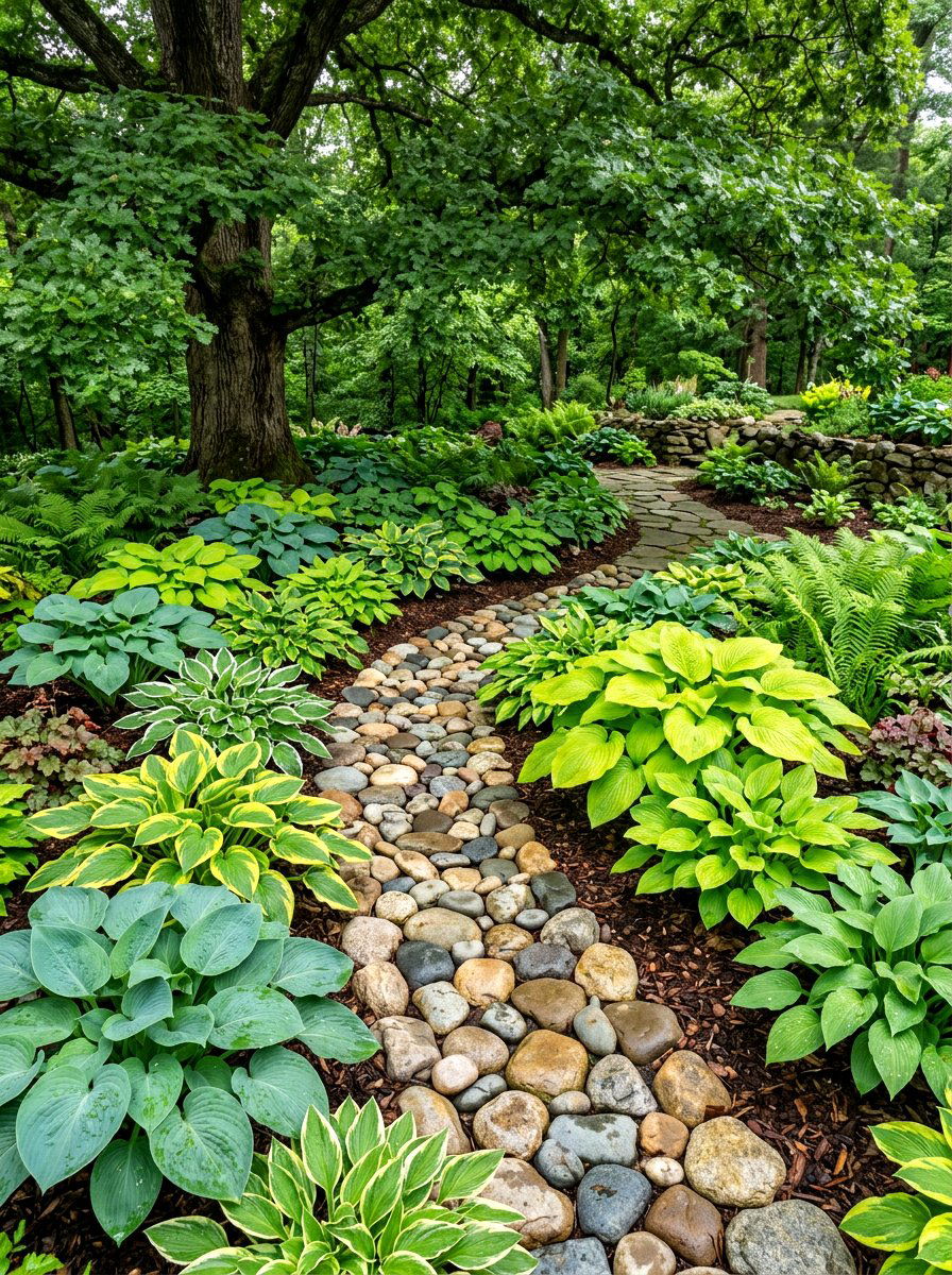 River rock and hosta landscape - 30 flower bed around tree ideas