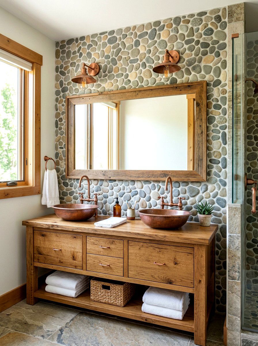 River rock backsplash - 30 lodge bathroom ideas