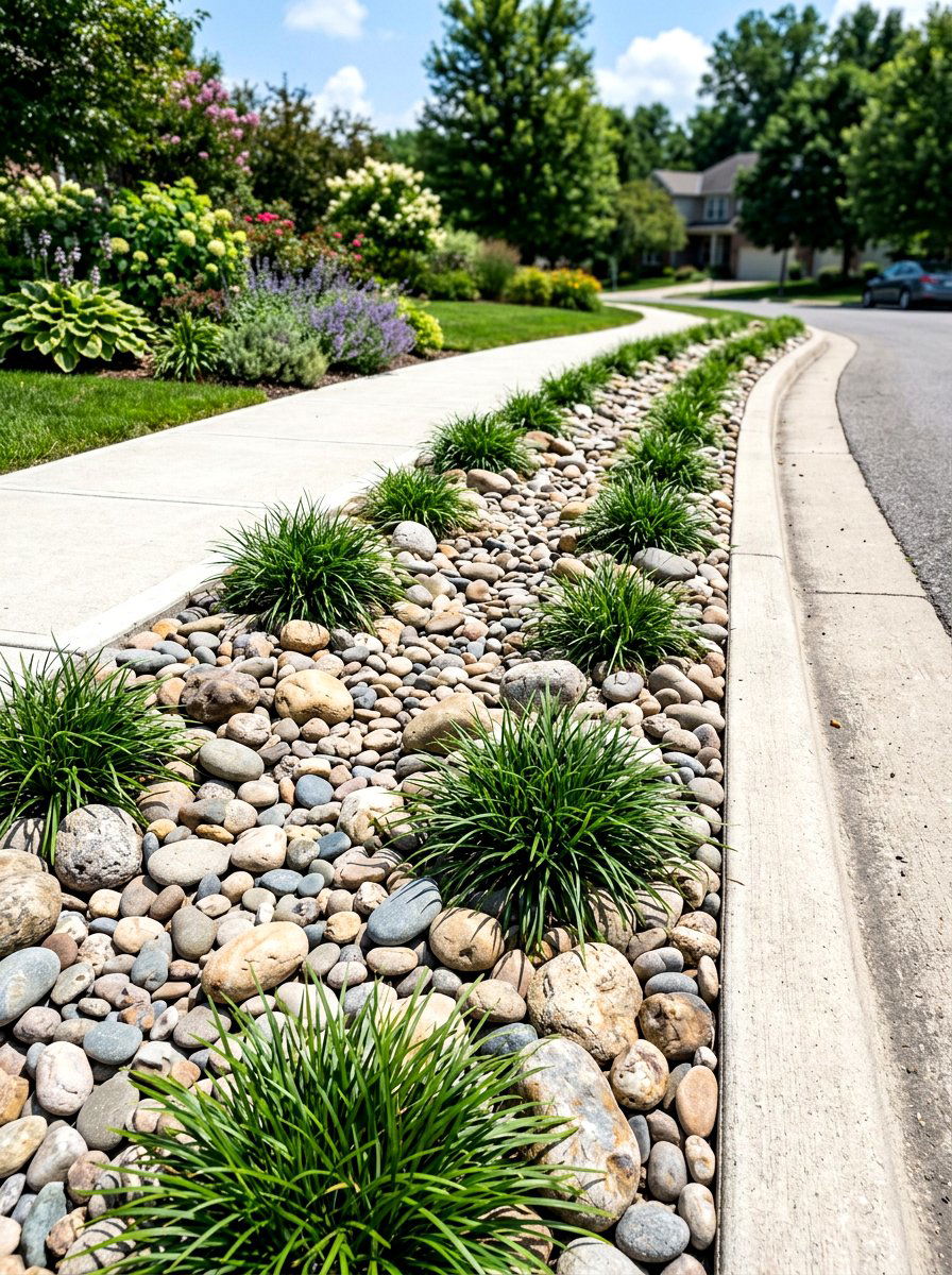 River rock curbside planting - 30 curbside planting strip ideas