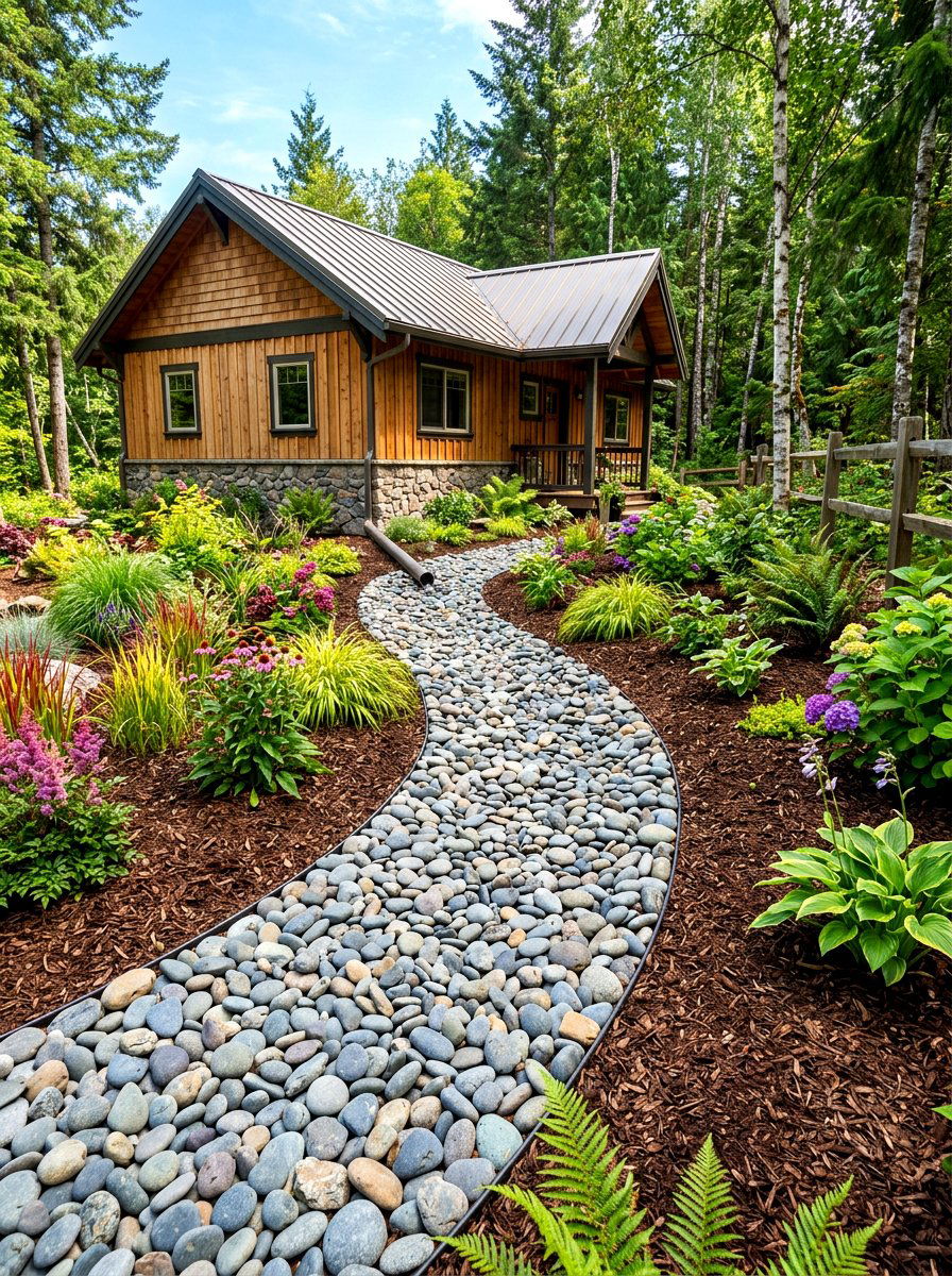 River rock drainage - 30 cabin backyard landscaping ideas