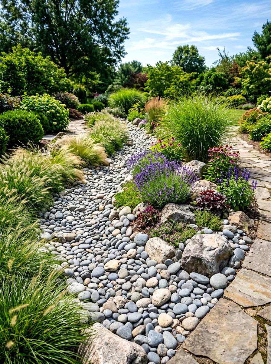 River rock dry creek bed corner - 30 corner flower bed ideas