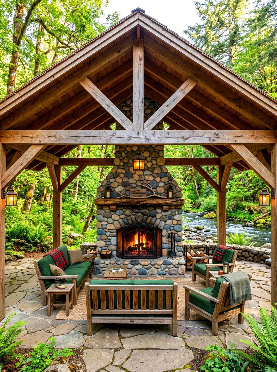River rock fireplace pavilion - 30 pavilion fireplace ideas