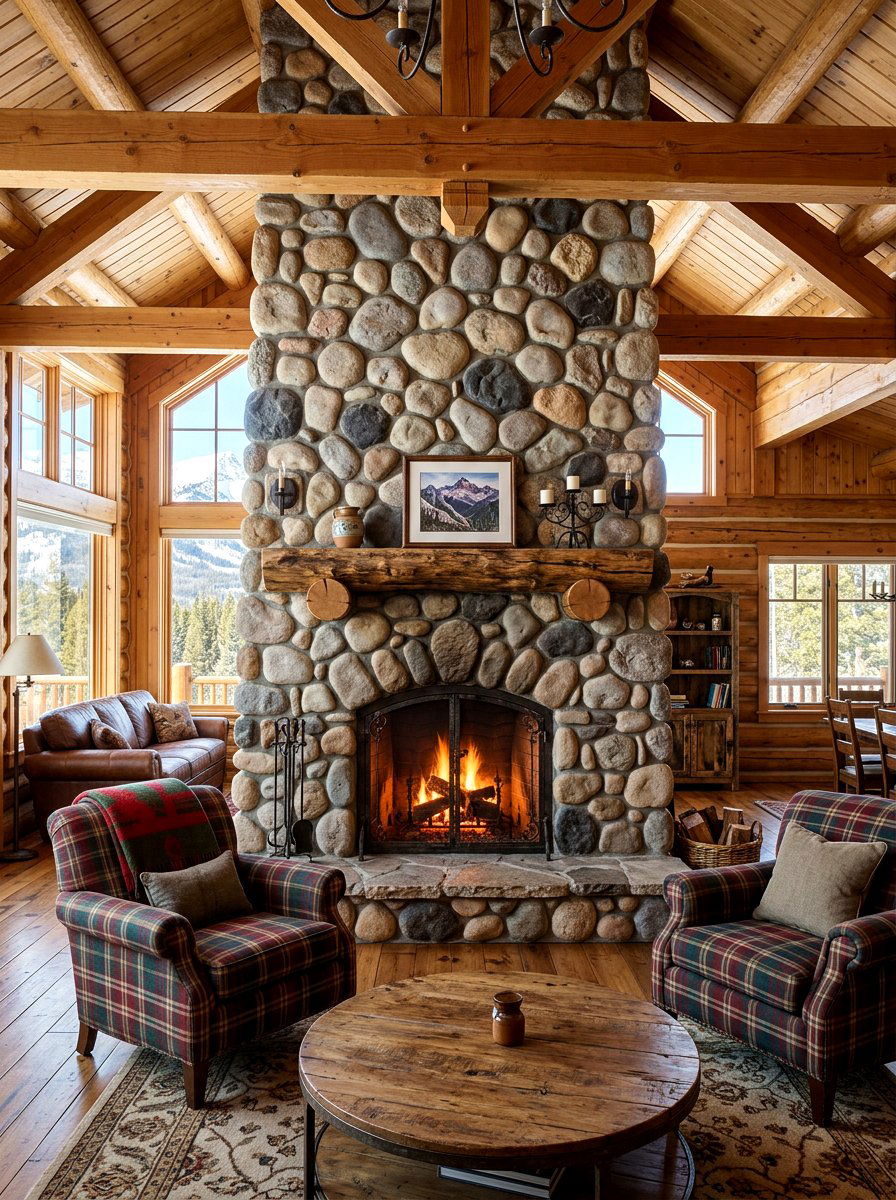 River rock fireplace - 30 stone fireplace ideas