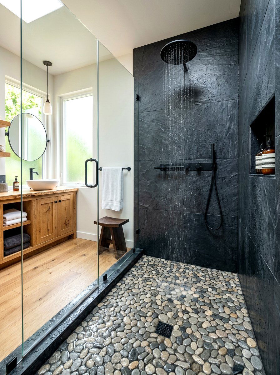 River rock floor - 30 serene bathroom decor ideas