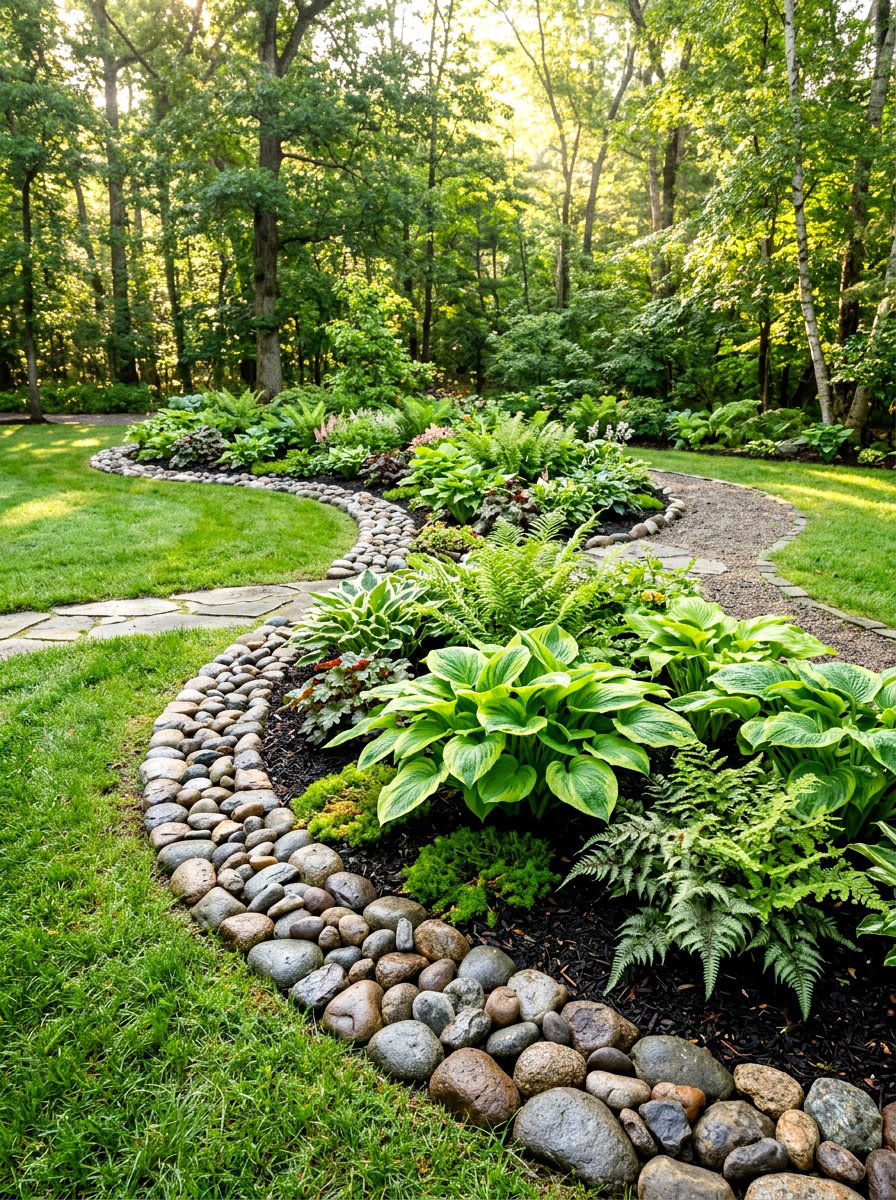 River rock garden edging - 30 stone mulch border ideas