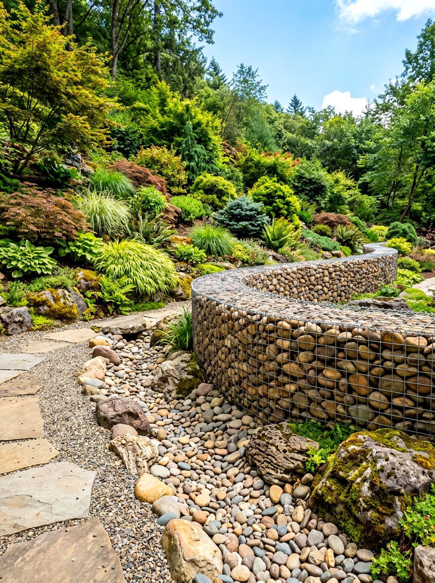 River rock retaining wall - 30 sloped backyard retaining wall ideas