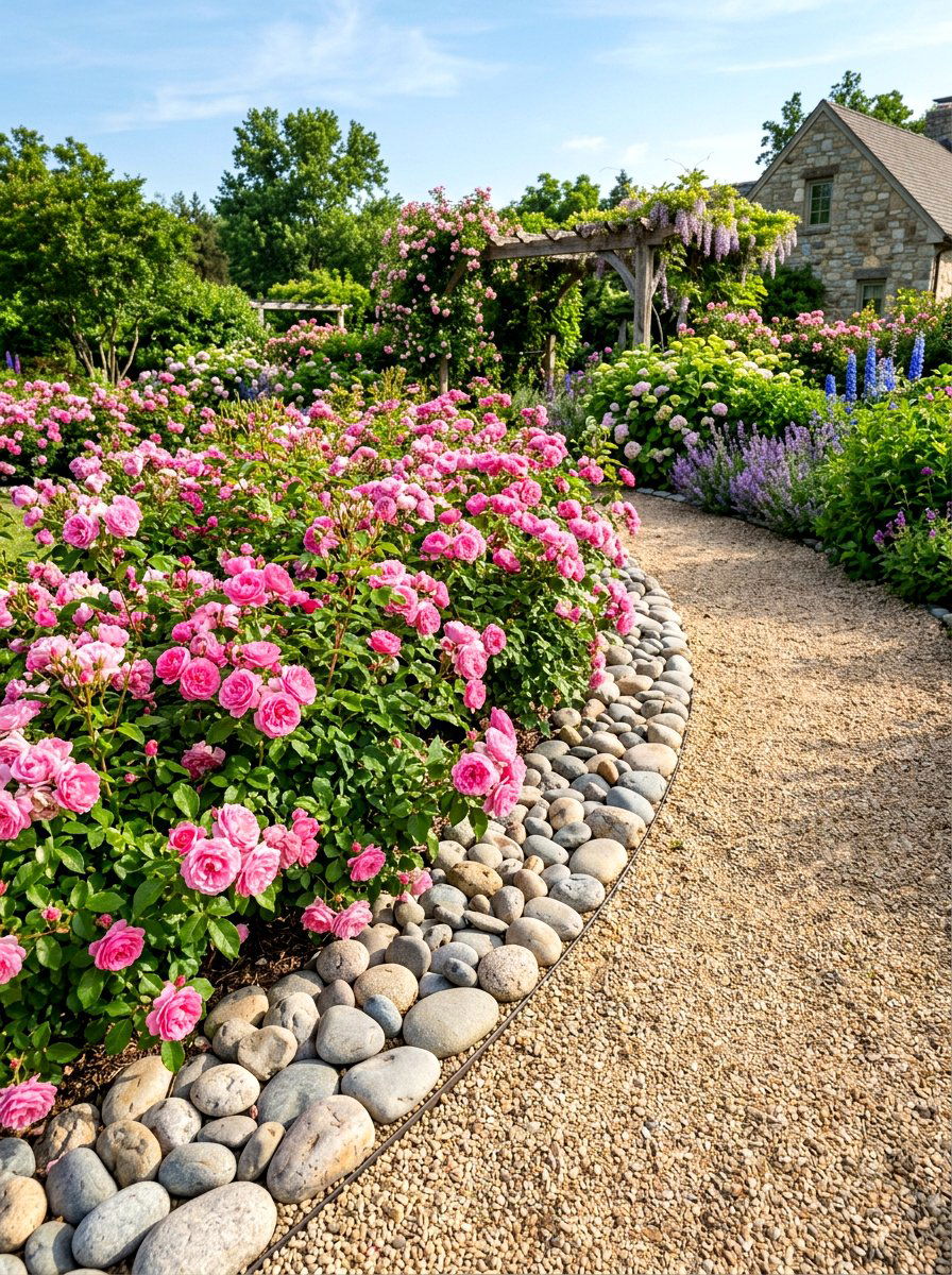 River rock rose border - 30 rose garden walkway ideas