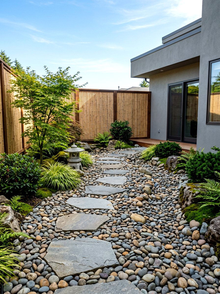 River rock walkway - 30 narrow side yard path ideas