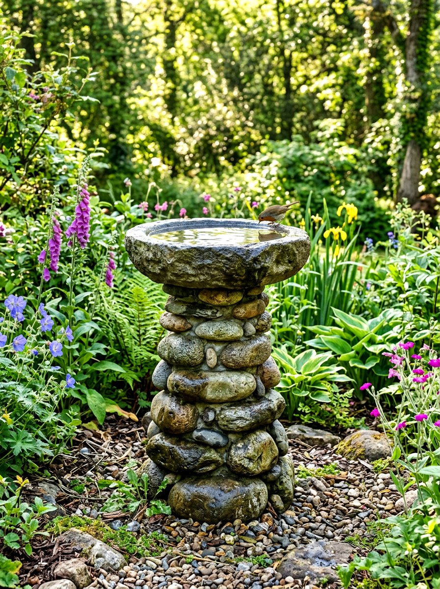 River stone bird bath - 30 garden rock ideas