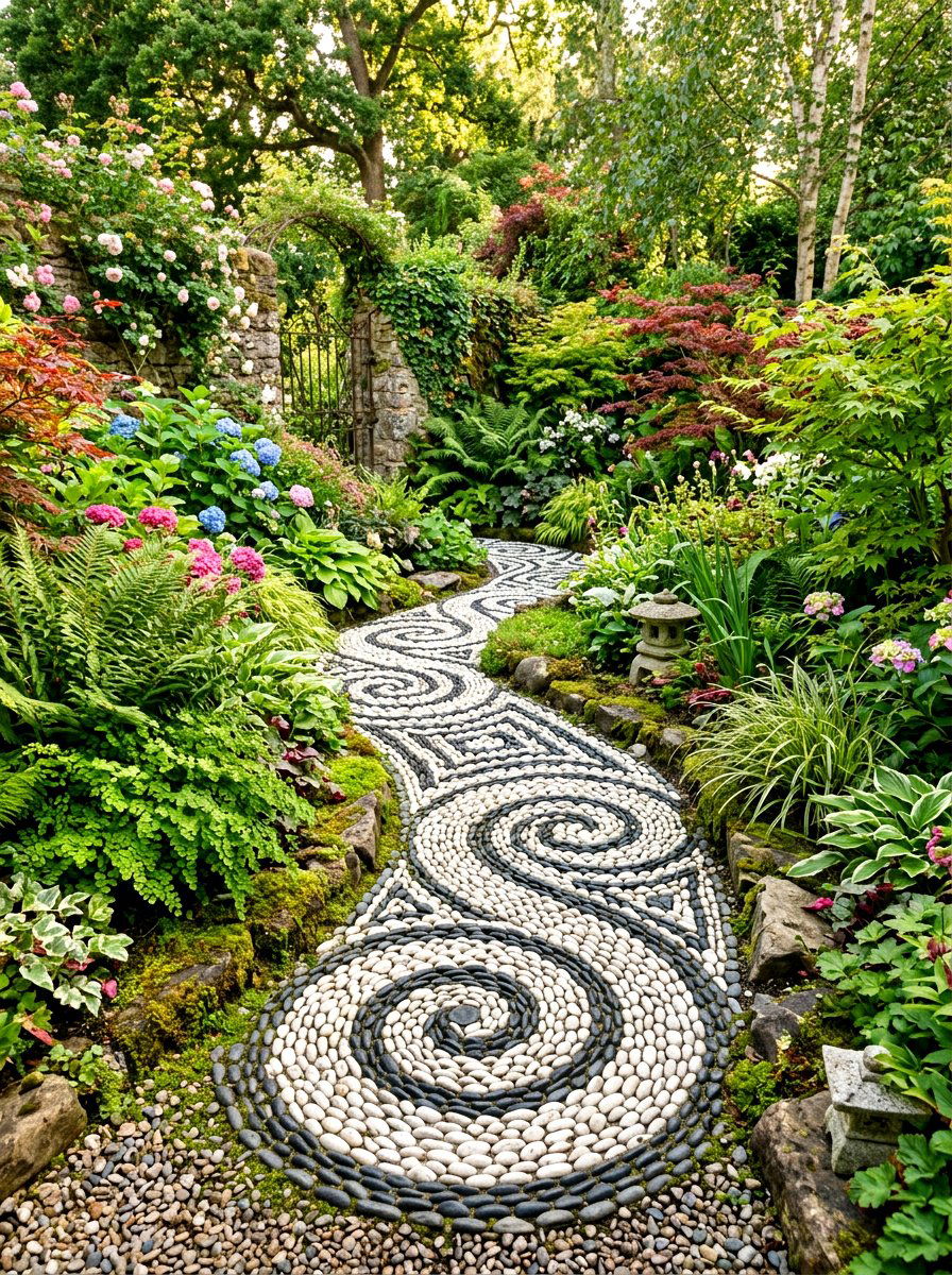 River stone mosaic path - 30 woodland path ideas