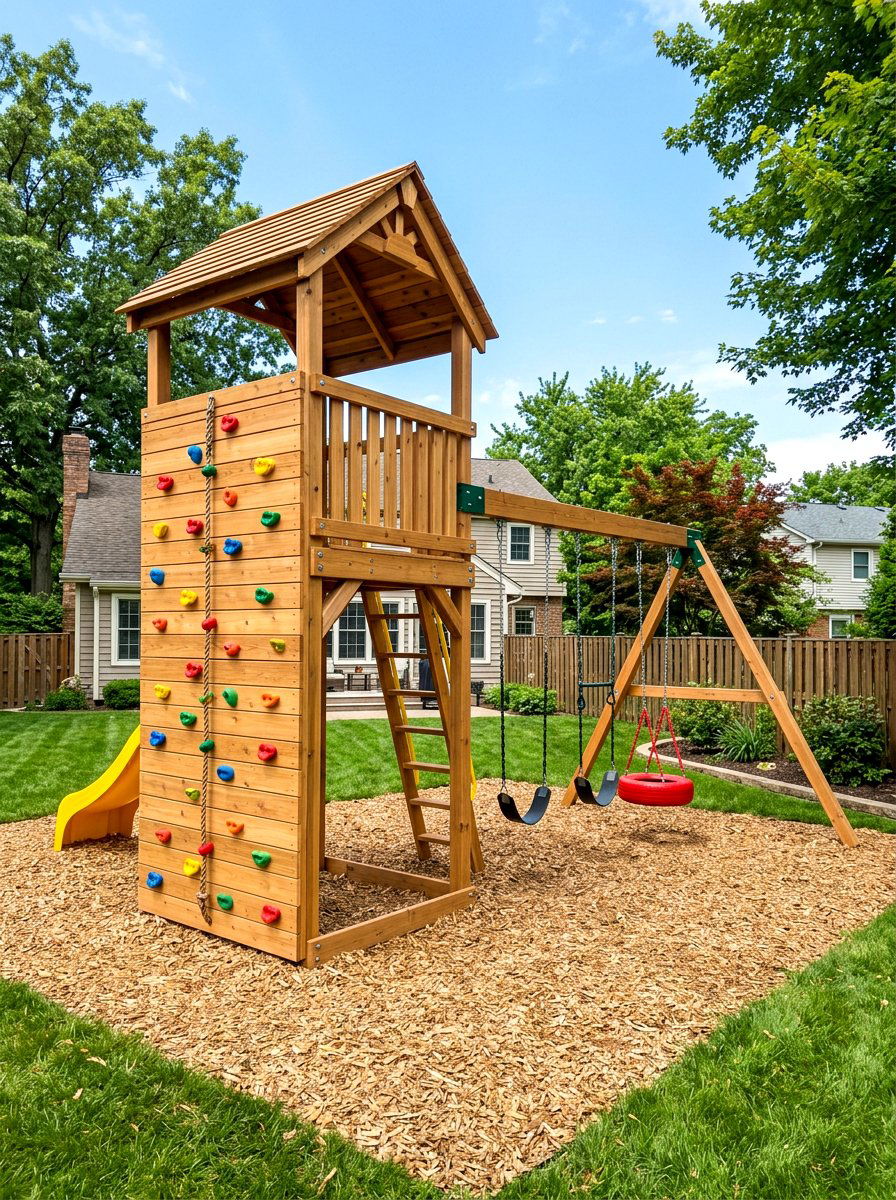 Rock Climbing Wall Swing Set - 30 backyard swing set ideas