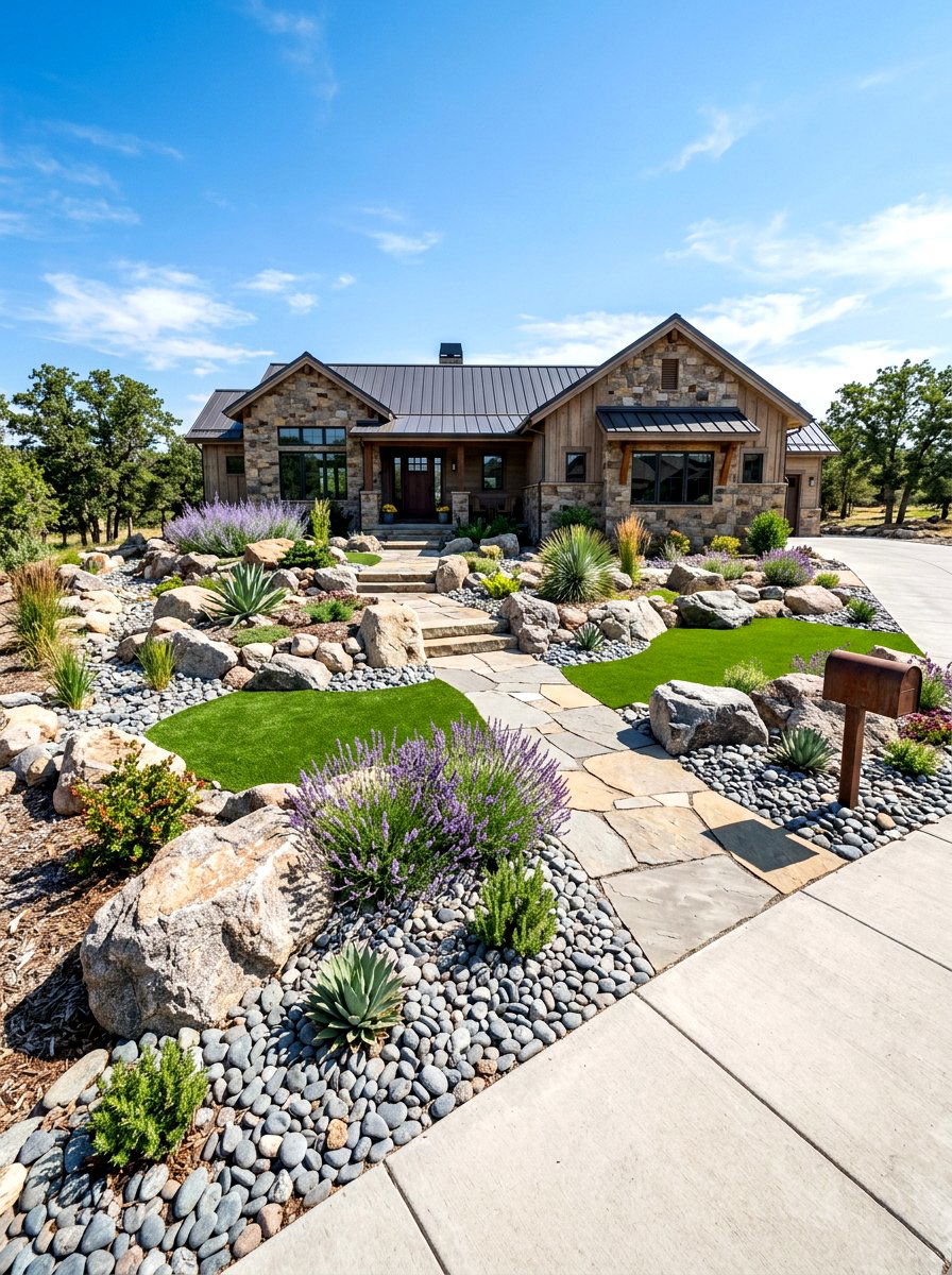 Rock Garden Accent - 30 artificial grass front yard ideas
