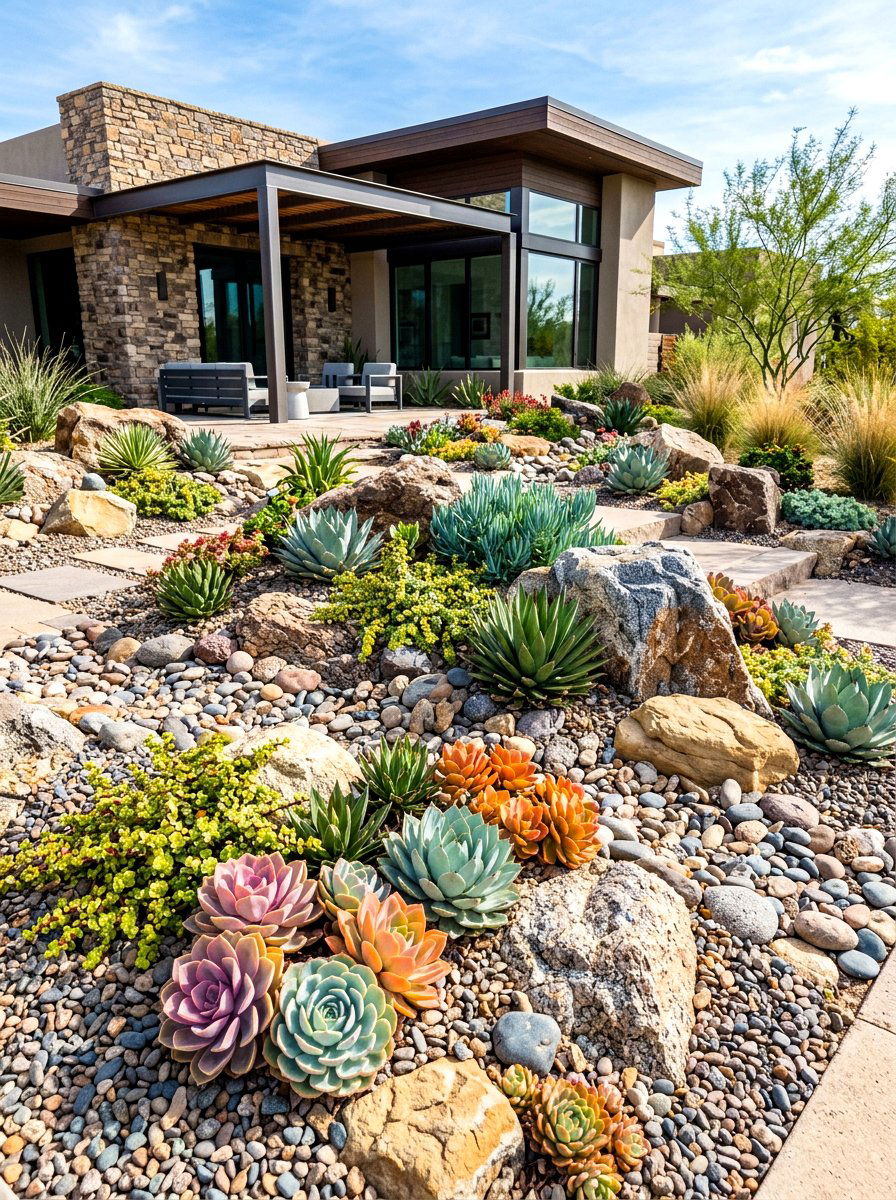 Rock Garden Succulents - 30 rock mulch front yard ideas