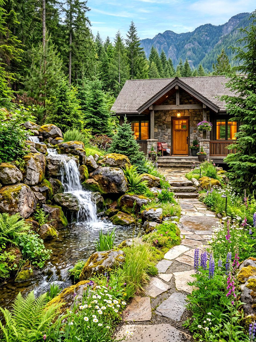 Rock Waterfall Entryway - 30 entry fountain landscaping ideas