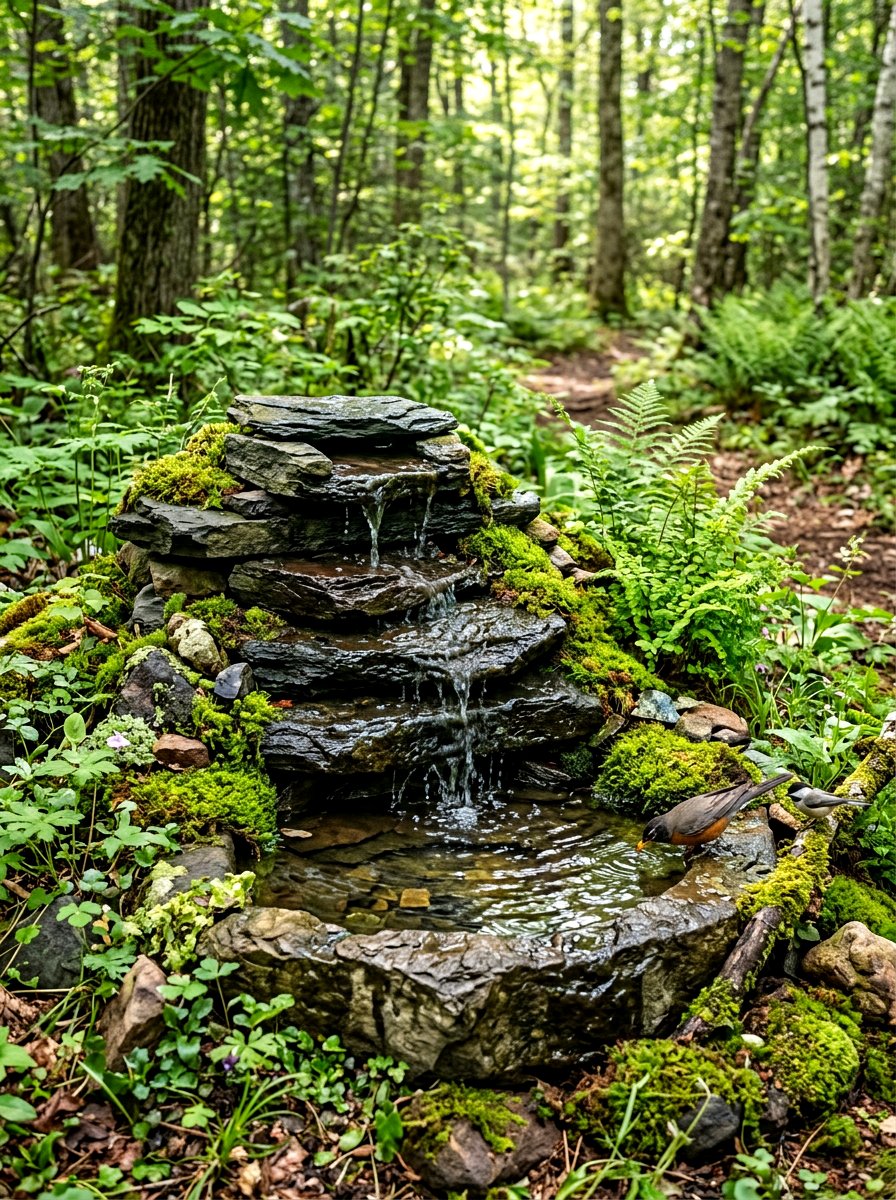 Rock waterfall bird bath - 30 front yard bird bath ideas
