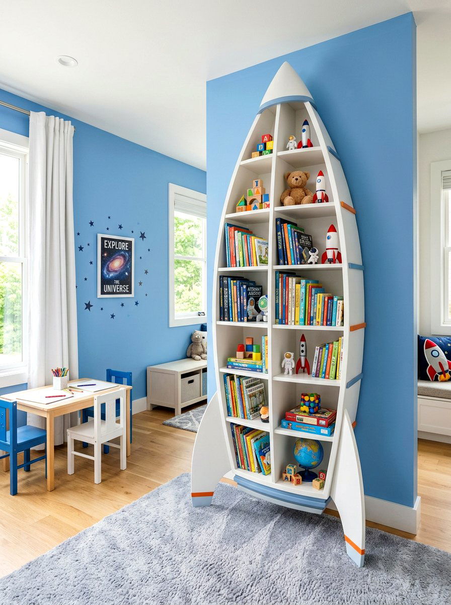Rocket Shaped Bookshelf - 30 space themed bedroom ideas