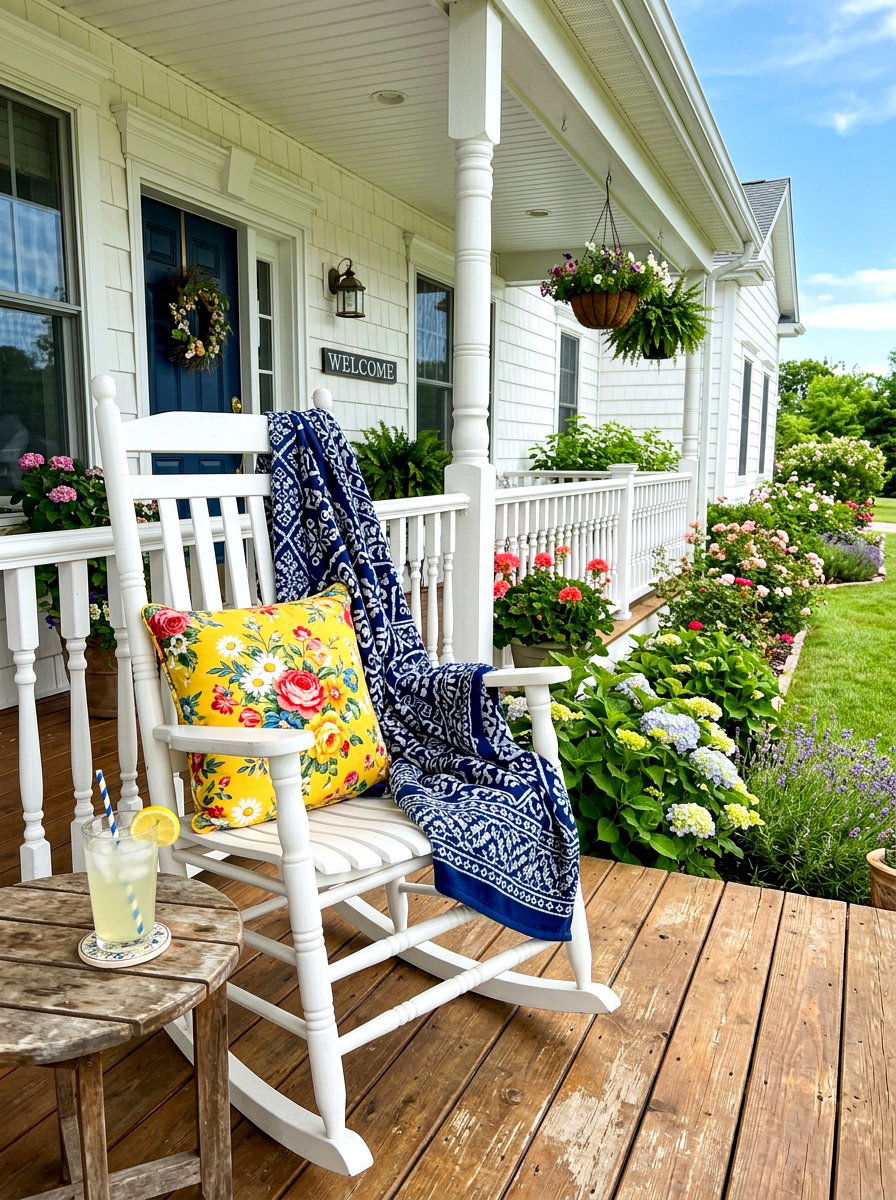 Rocking chair with patterned blanket - 30 spring porch layering ideas