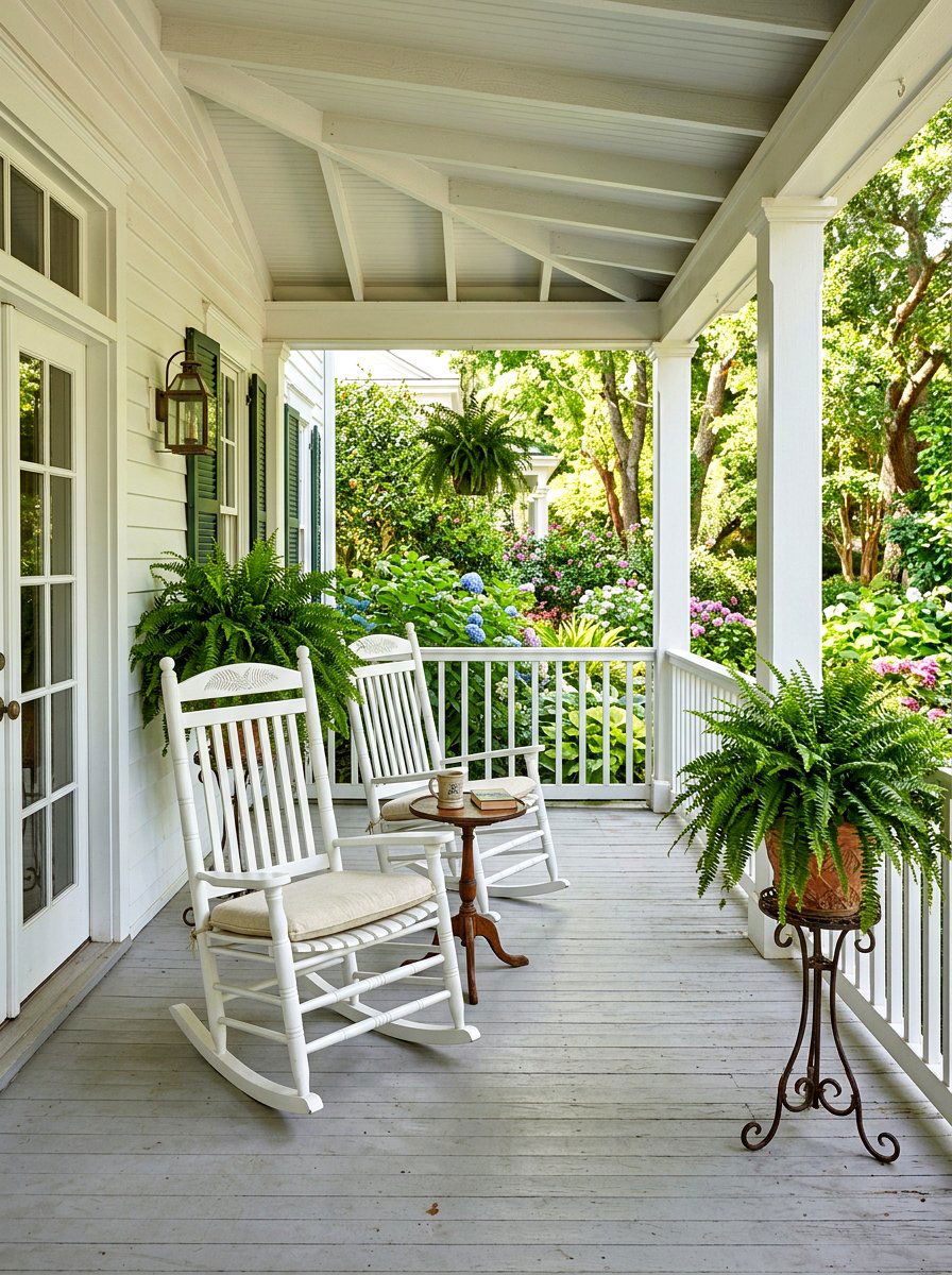 Rocking chairs with potted ferns - 30 porch rocking chair styling ideas