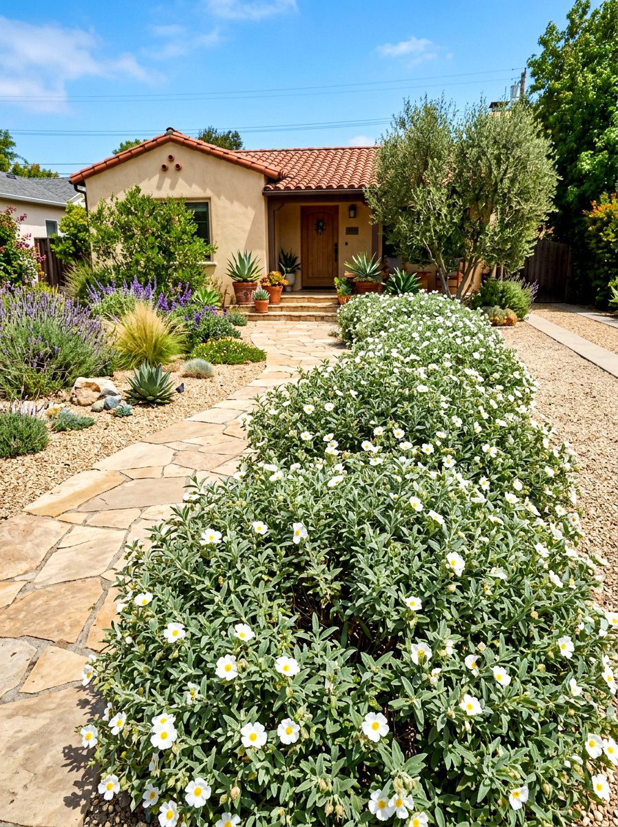 Rockrose front yard border - 30 evergreen front yard ideas