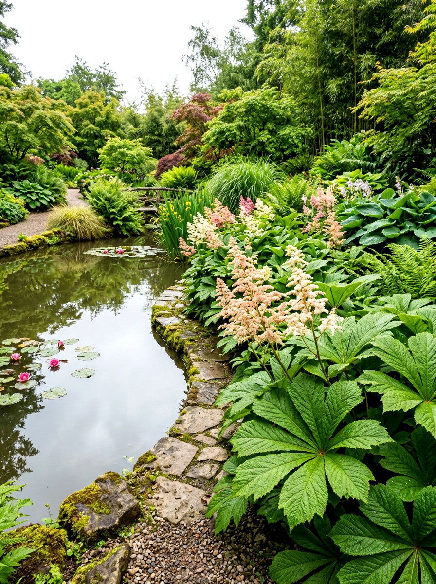 Rodgersia Pond Edge Planting - 30 pond edge planting ideas