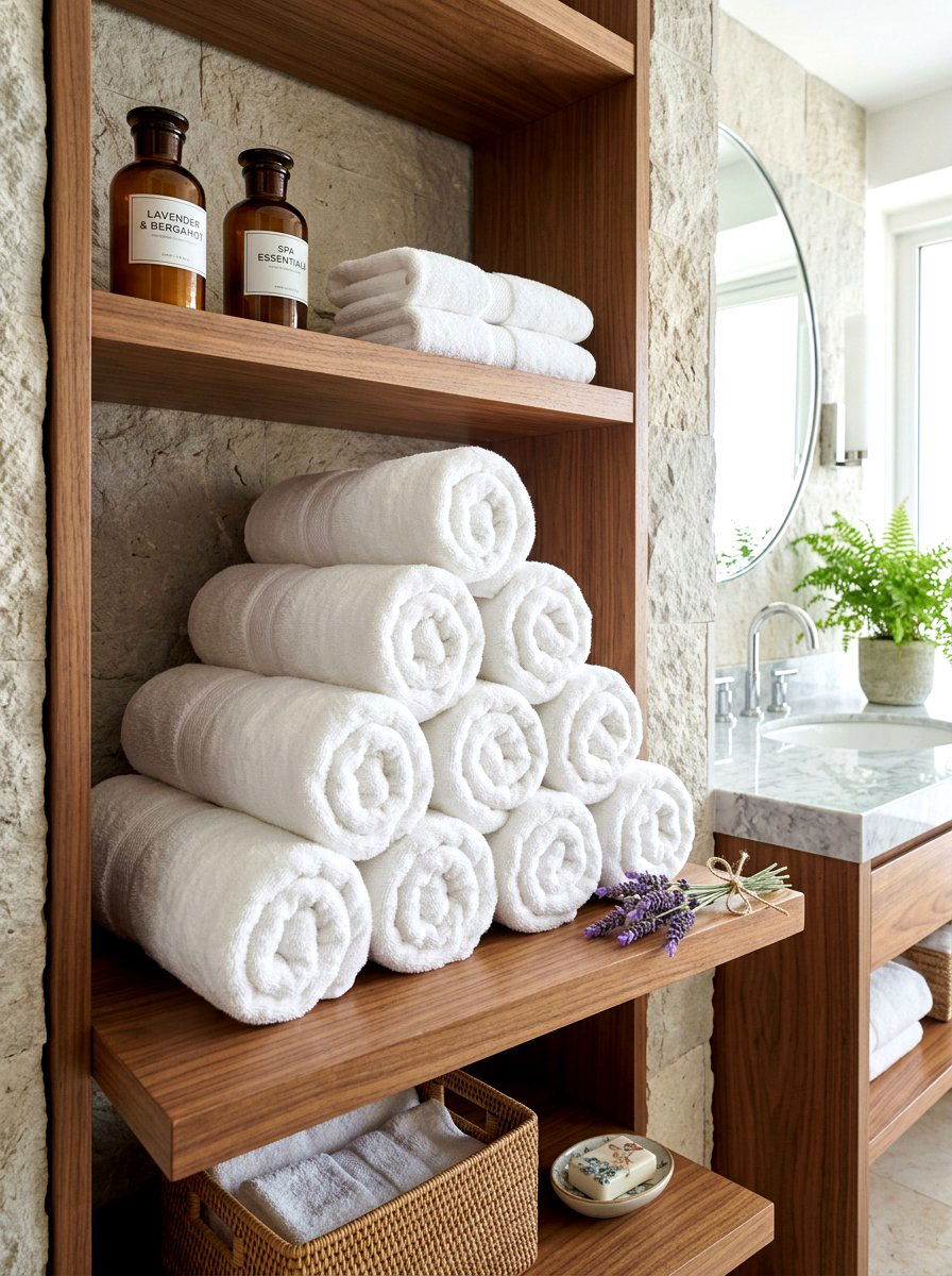 Rolled white towels - 30 spa shelf styling bathroom ideas