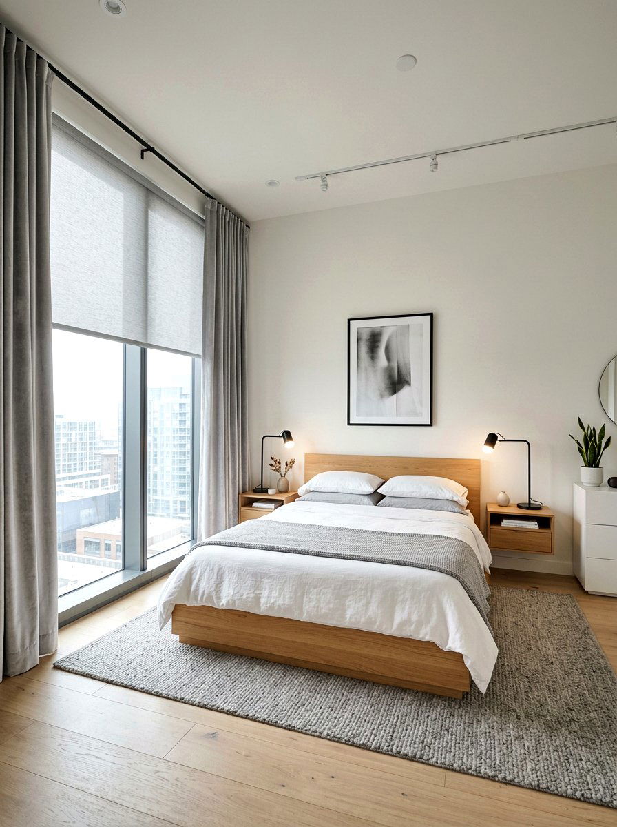 Roller shades paired with velvet panels - 30 bedroom curtain layering ideas
