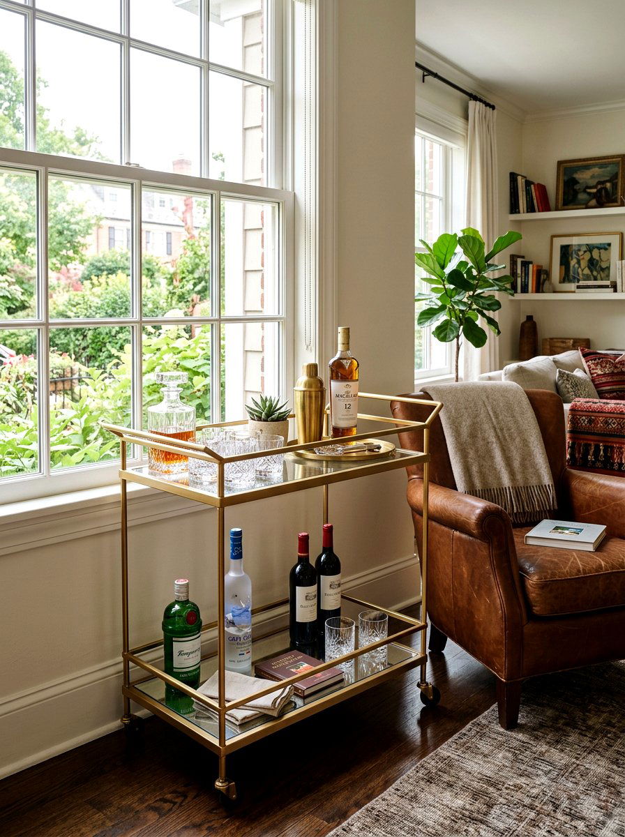 Rolling Bar Cart Station - 30 renter friendly living room ideas