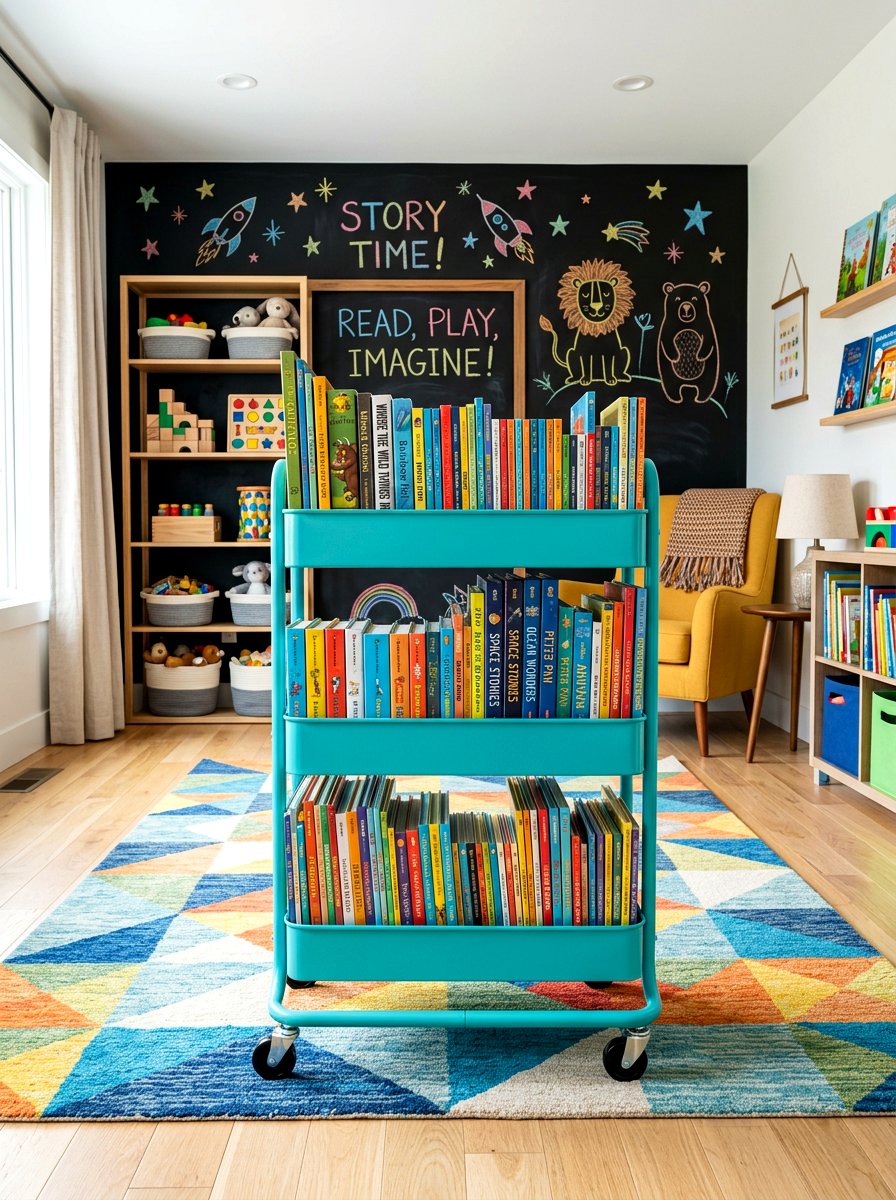Rolling Book Cart - 30 playroom bookshelf ideas